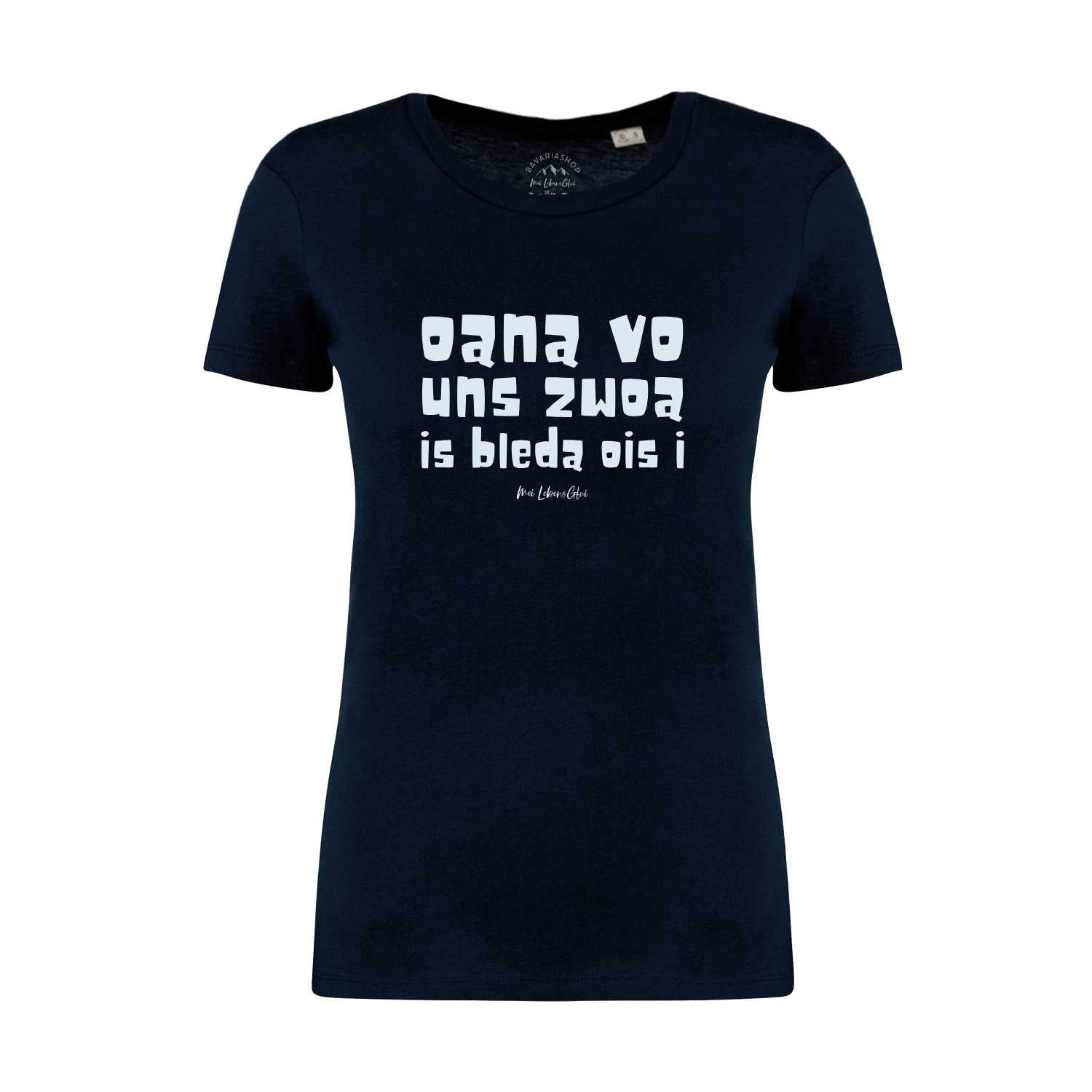 Dunkelblaues Damen T-Shirt "Oana vo uns zwoa" mit weißem bayerischen Spruch und Logo-Detail am Kragen.