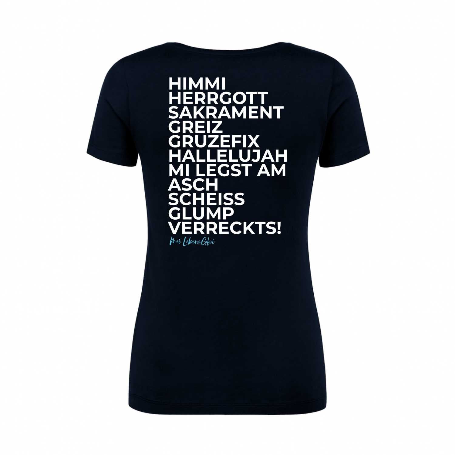 Dunkelblaues Damen T-Shirt Himmi Herrgott mit bayerischen Ausdrücken in weißem Text auf dem Rücken.