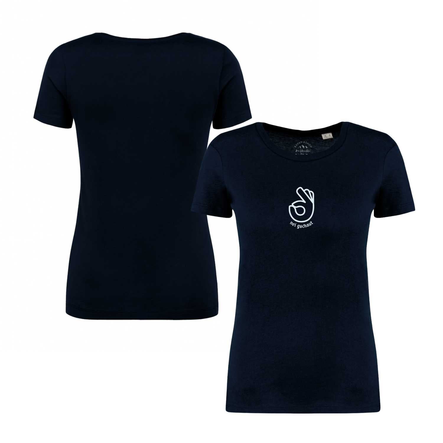 Damen T-Shirt "Nei Gschaut" in Dunkelblau mit weißem "Okay"-Handzeichen-Print und Rückansicht des schlichten Oberteils.
