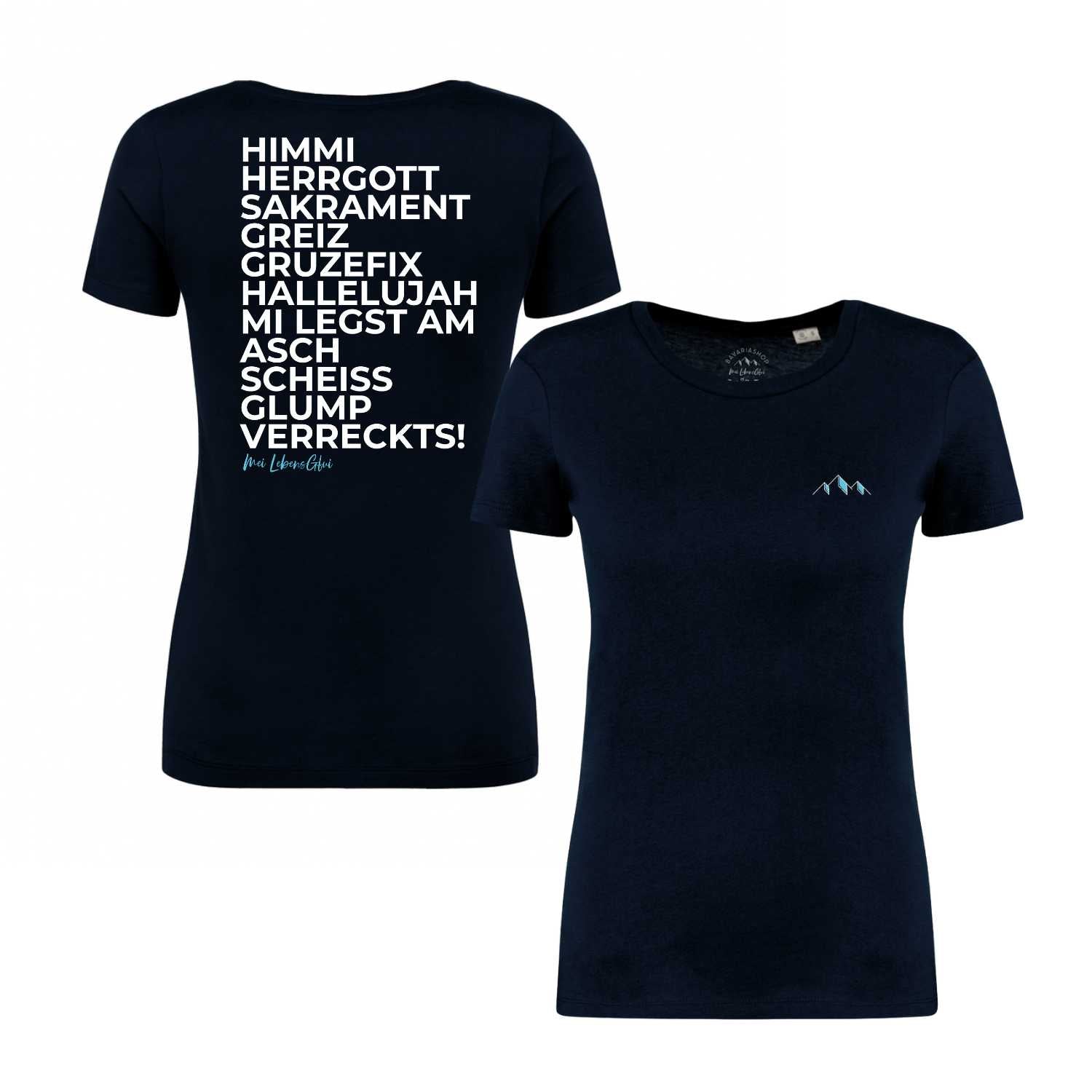 Damen T-Shirt Himmi Herrgott in Marineblau mit weißem Spruch auf dem Rücken und Berglogo vorne.