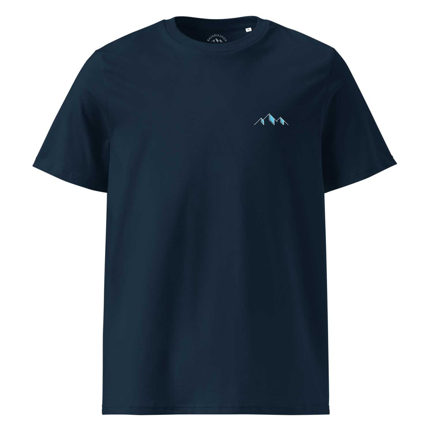 Herren T-Shirt "Himmi Herrgott" in Dunkelblau mit subtilem hellblauem Bergmotiv auf der Brust.