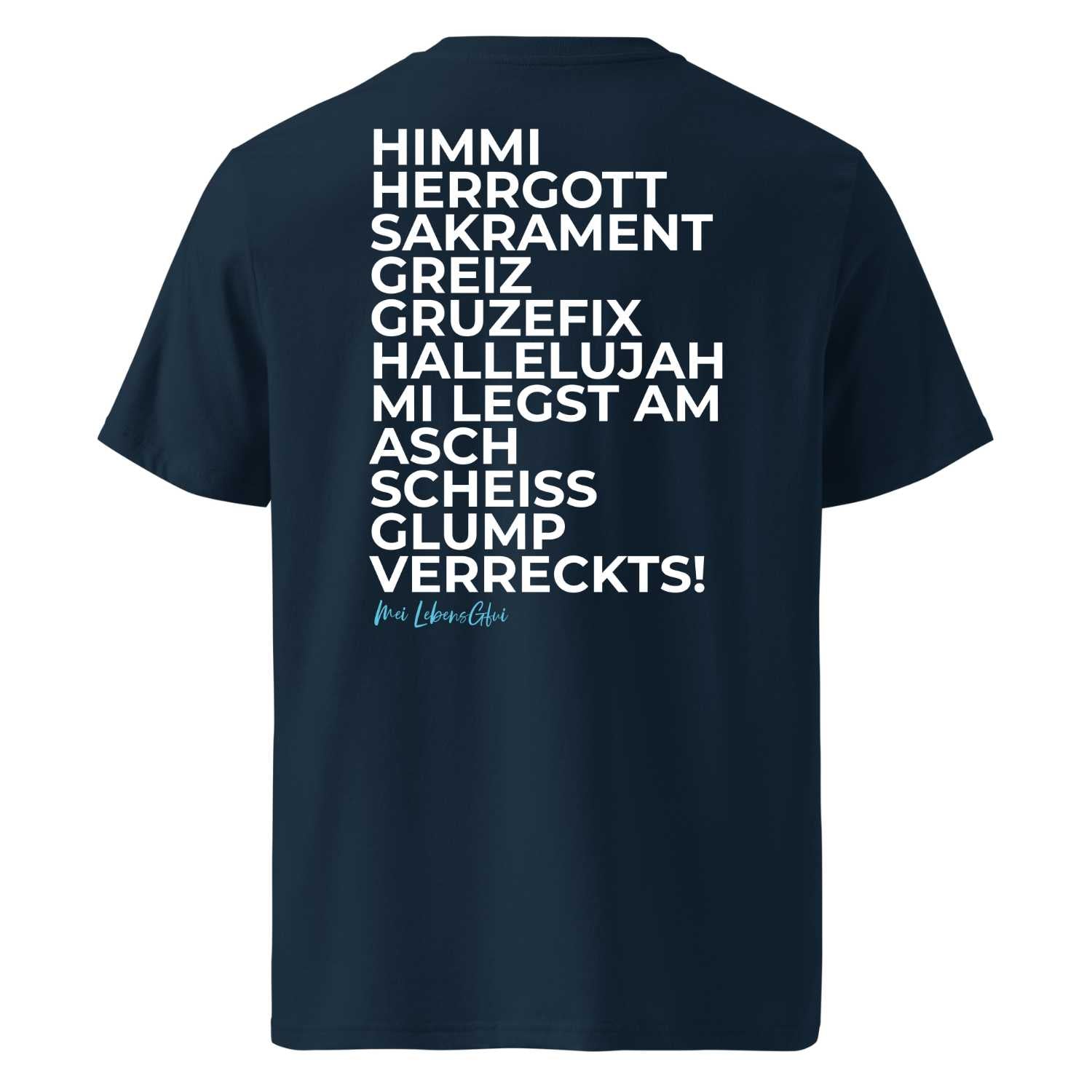 Herren T-Shirt "Himmi Herrgott" in Dunkelblau, Rückenansicht mit weißem bayerischen Schimpfwort-Print.