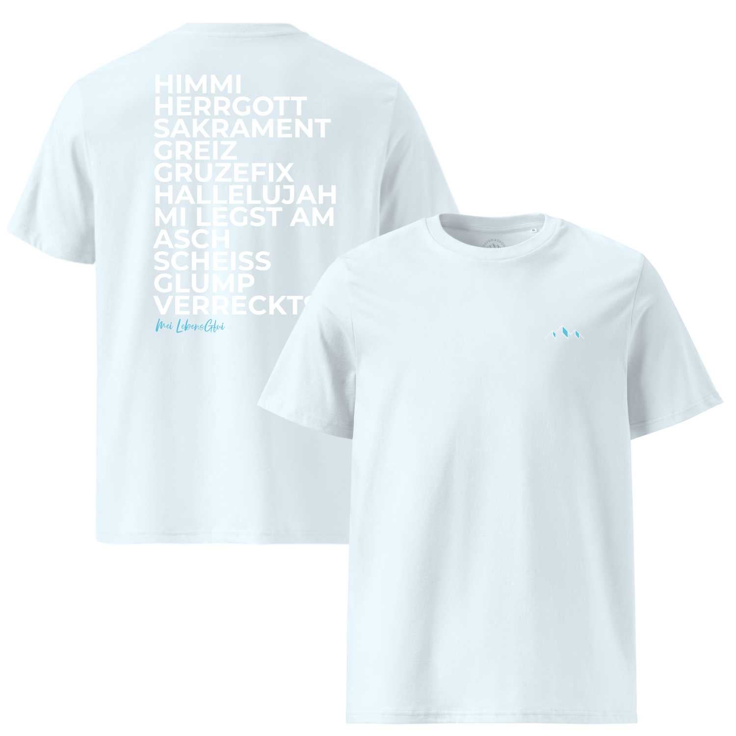 Herren T-Shirt Himmi Herrgott in Weiß mit schwarzem Print auf dem Rücken und kleinem Logo vorn.