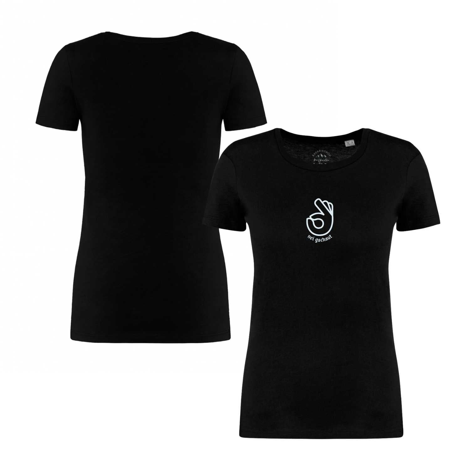 Schwarzes Damen T-Shirt Nei Gschaut aus Bio-Baumwolle mit weißem "Okay"-Handzeichenfrontdruck.