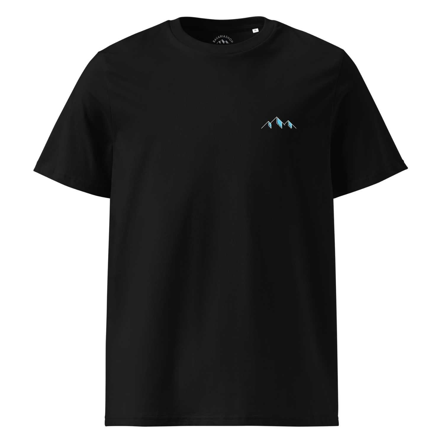 Schwarzes Herren T-Shirt Himmi Herrgott mit hellblauen, stilisierten Bergspitzen-Motiv auf der Brust.