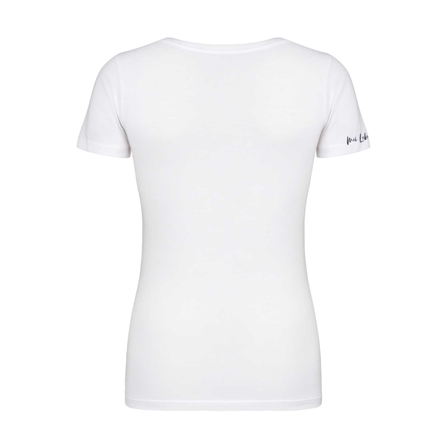Rückenansicht des weißen Damen T-Shirts Bring ma no a Hoibe mit dezentem Logo auf dem Ärmel.