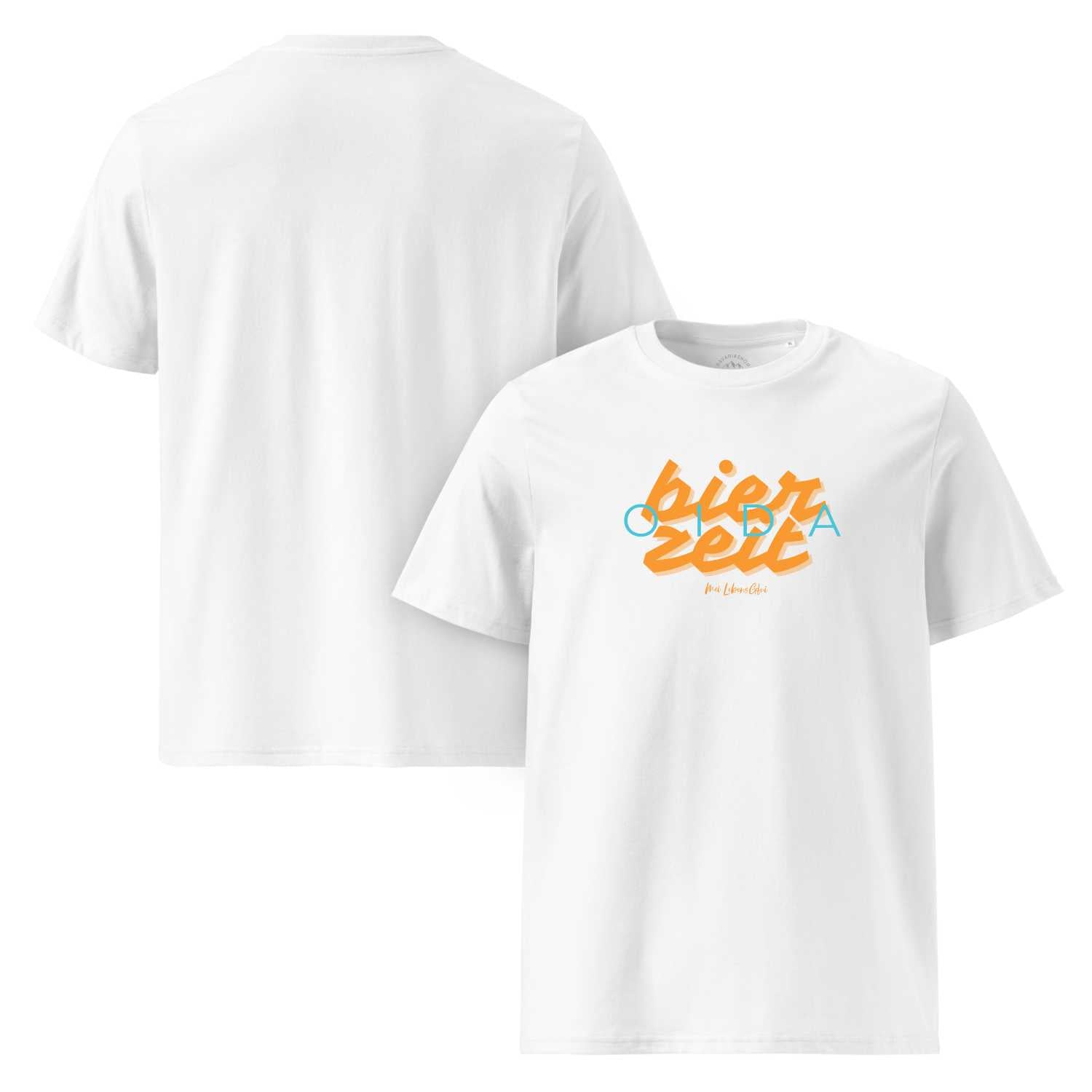 Weißes Herren T-Shirt Bierzeit mit orange-blauem schimmerndem Schriftzug, Vorder- und Rückansicht.