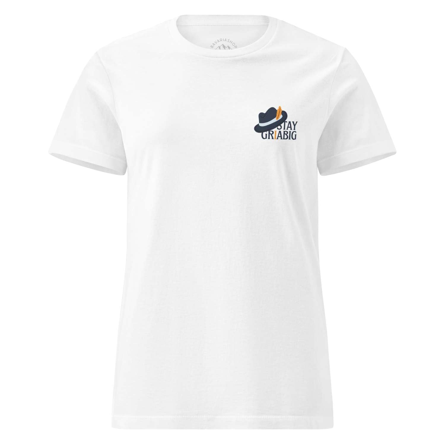Weißes Damen T-Shirt "Stay Griabig" mit stilisiertem Trachtenhut und Schriftzug auf der Brust.