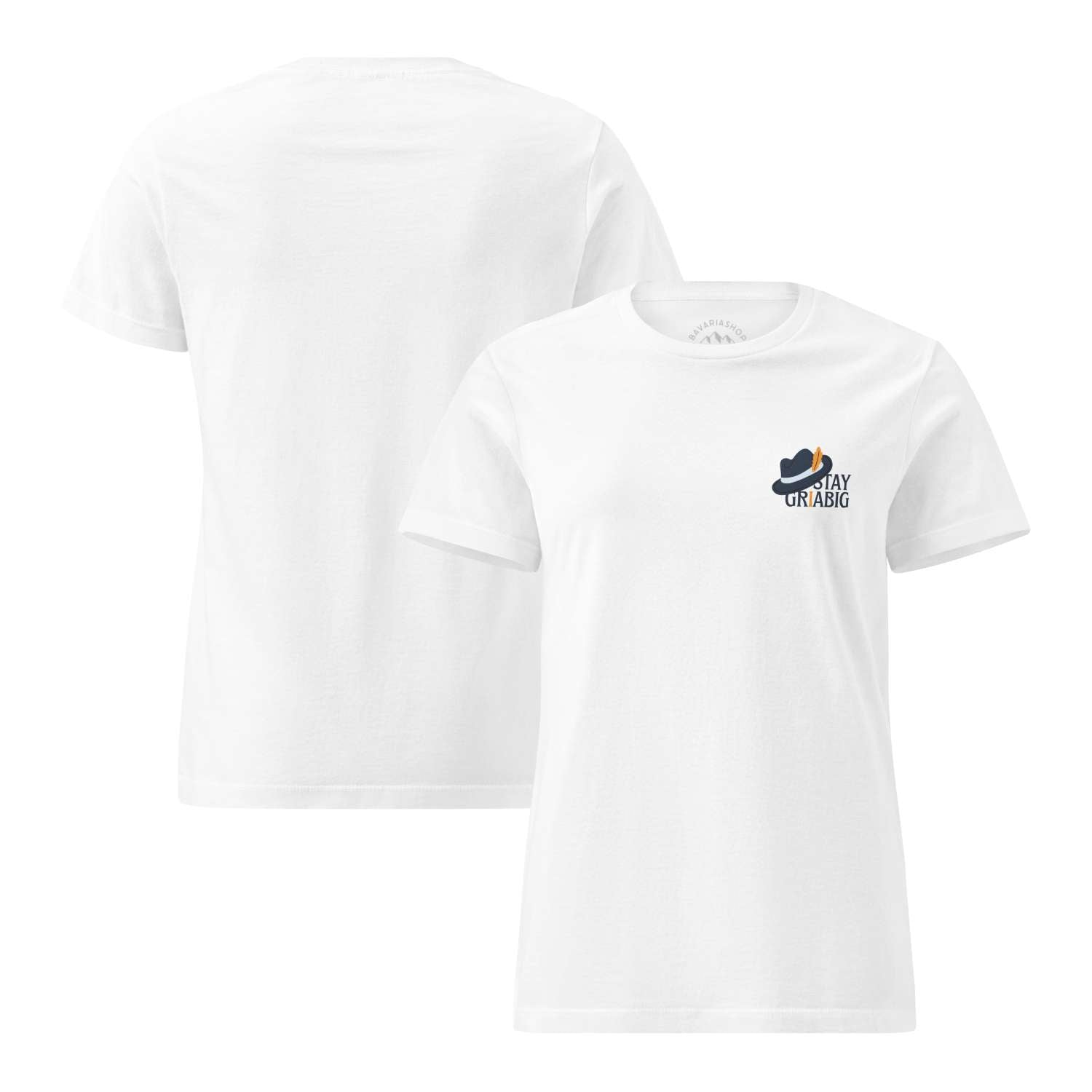 Weißes Damen T-Shirt "Stay Griabig" vorne und hinten, mit Hut und Schriftzug-Logo auf der Brust.