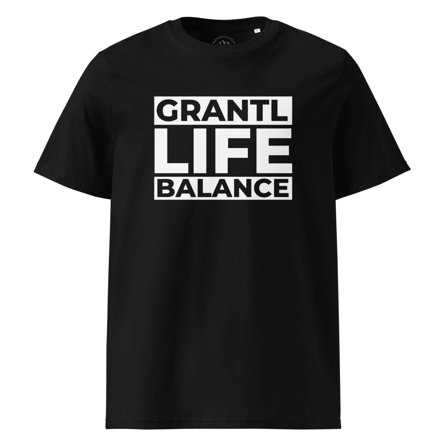 Schwarzes Herren T-Shirt "Grantl Life Balance" mit weißem Schriftzug und Rundhalsausschnitt aus Baumwolle.