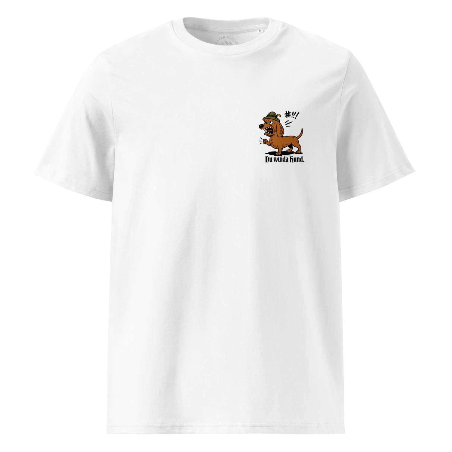 Herren T-Shirt Du wuida Hund in Weiß mit Cartoon Dackel im Hut auf der Brust, wütend blickend