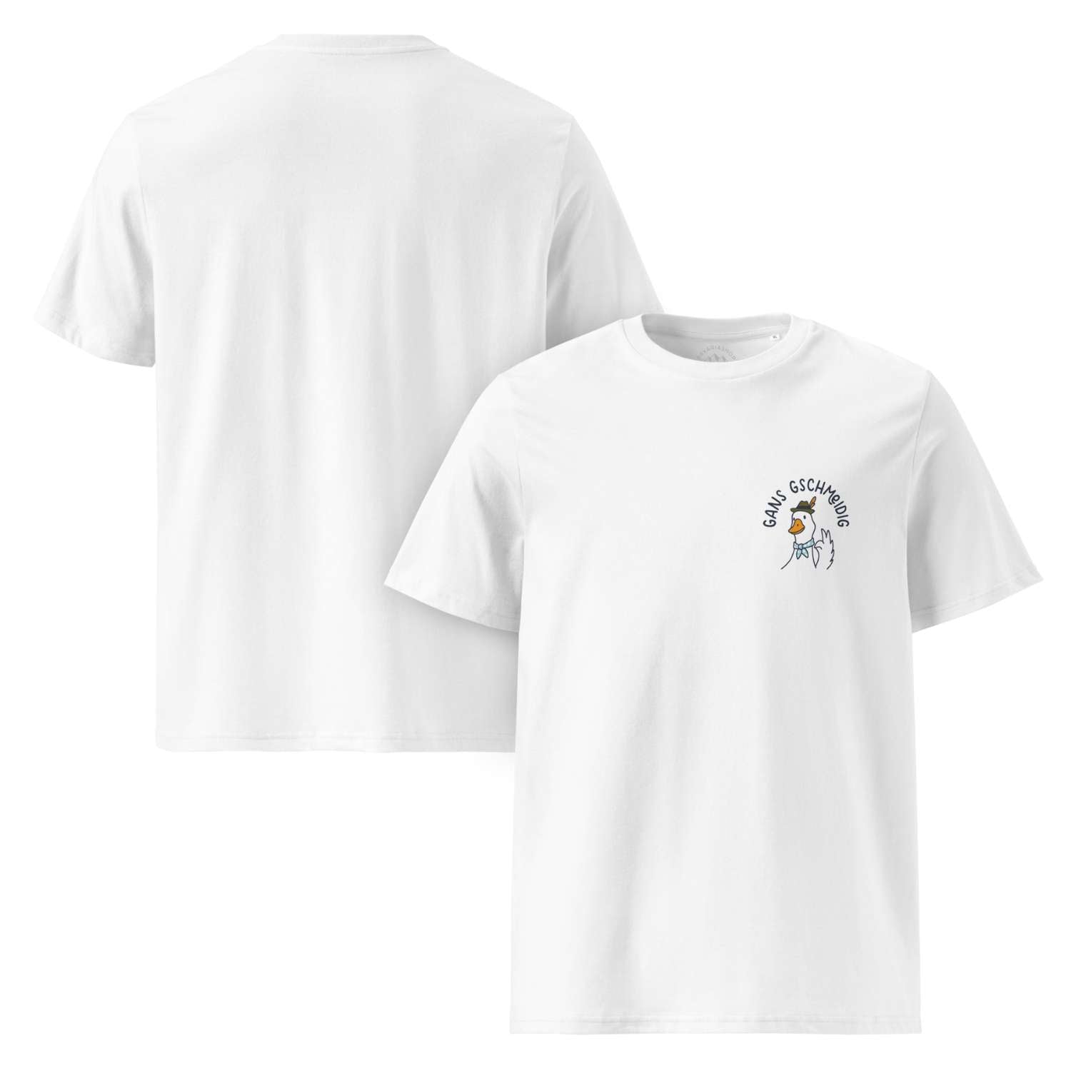 Weißes Herren T-Shirt Gans gschmeidig mit buntem Gänseprint und Schriftzug, Vorder- und Rückseitenansicht.