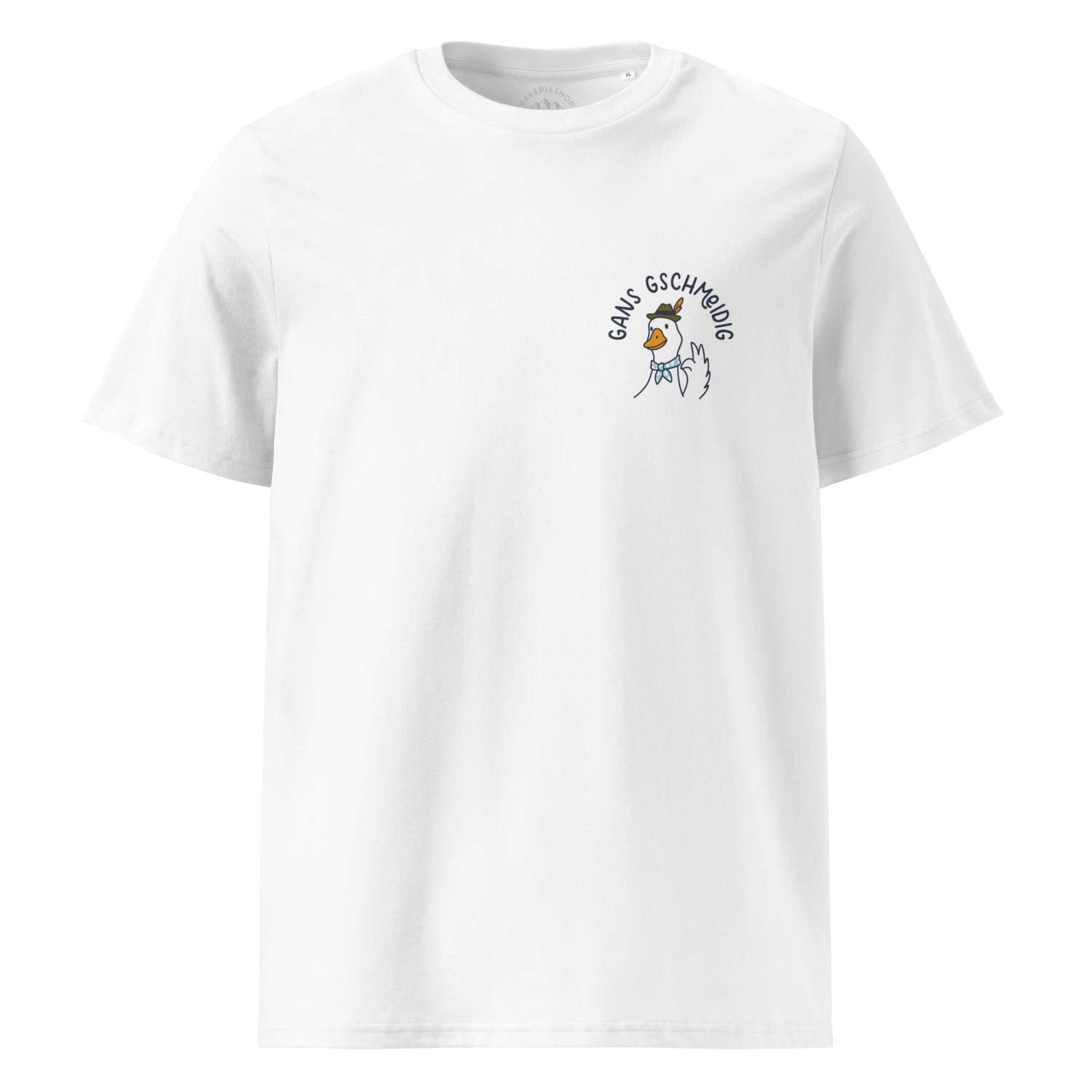 Weißes Herren T-Shirt "Gans gschmeidig" mit charmantem Gänse-Motiv in Tracht und blauem Halstuch.