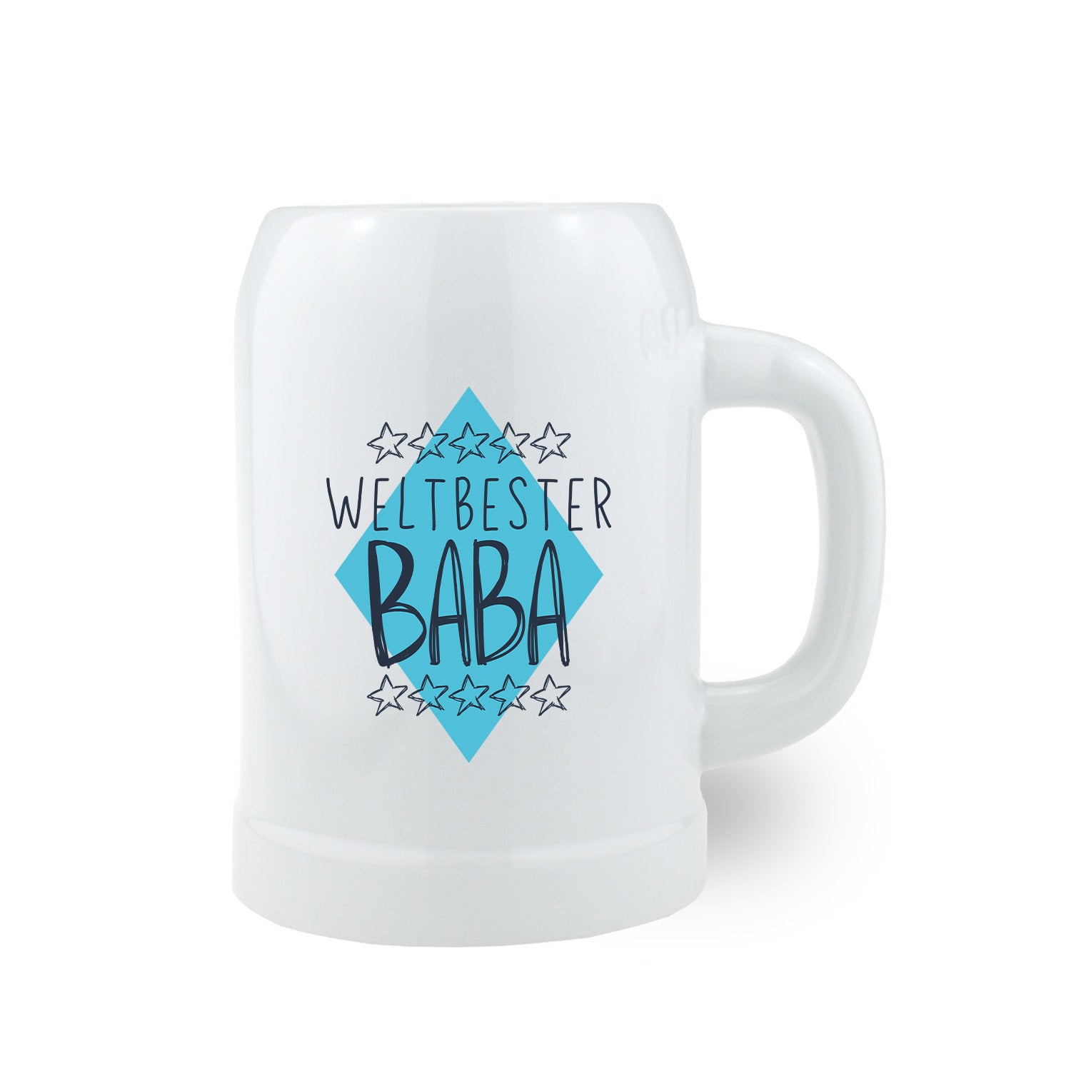 Weißer Bierkrug Weltbester Baba mit blauem Schriftzug und Sternen, Geschenkideen für Väter.