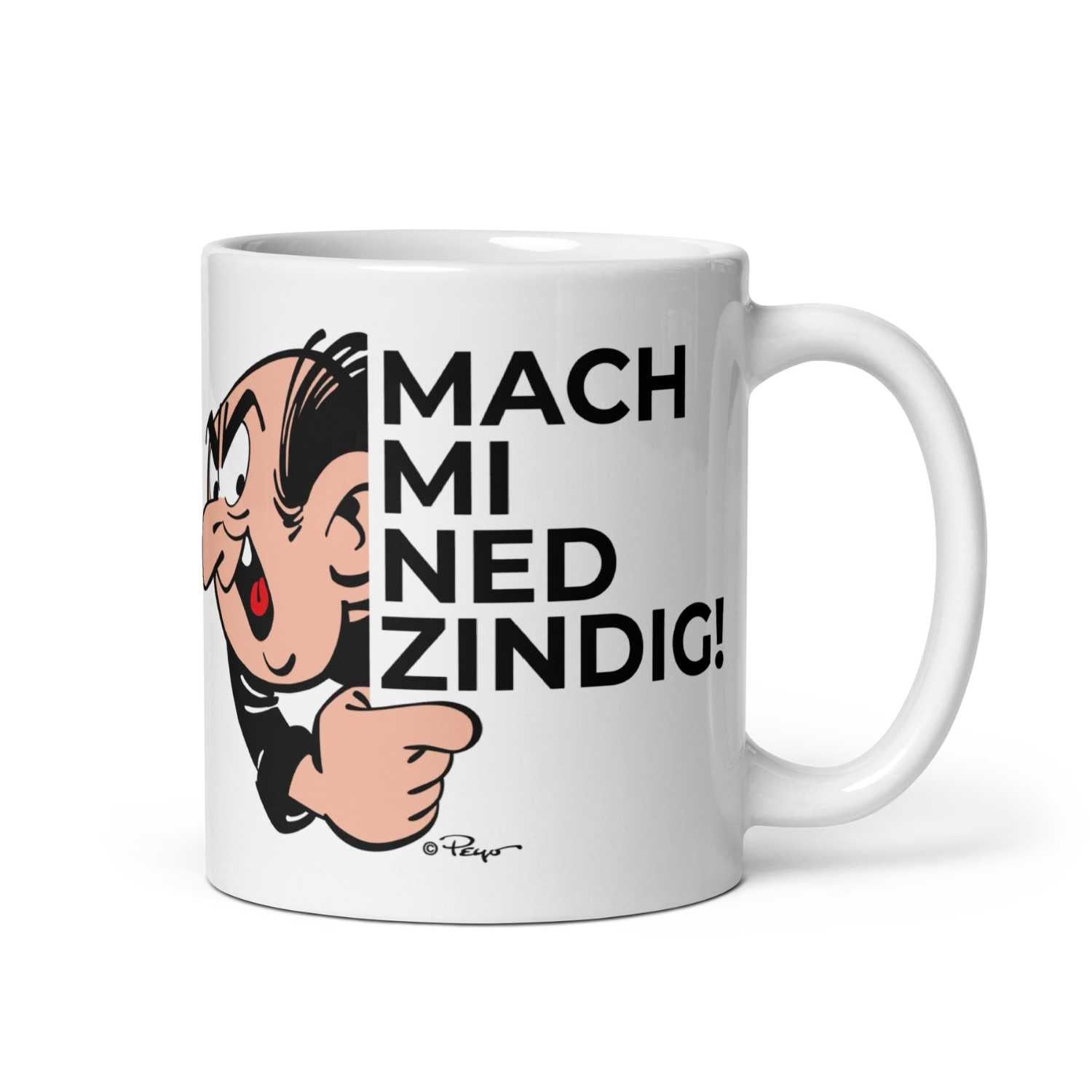 ®Die Schlümpfe Tasse Mach mi ned zindig mit Papa Schlumpf und Spruch, weiße Keramiktasse mit Henkel.
