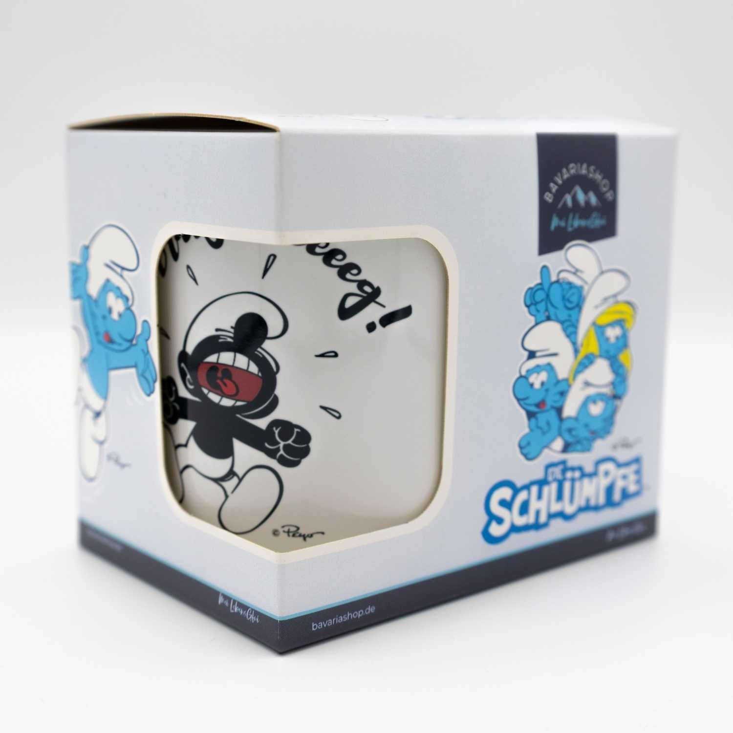 ®Die Schlümpfe Tasse Bratzn weg in der Verpackung, mit lustigem schwarzen Schlumpf-Motiv und Schriftzug.