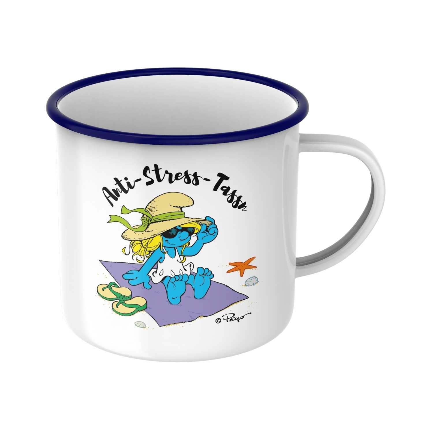 Die Schlümpfe Emailletasse Anti Stress Damen mit Schlumpfine beim Sonnenbaden und blauem Rand