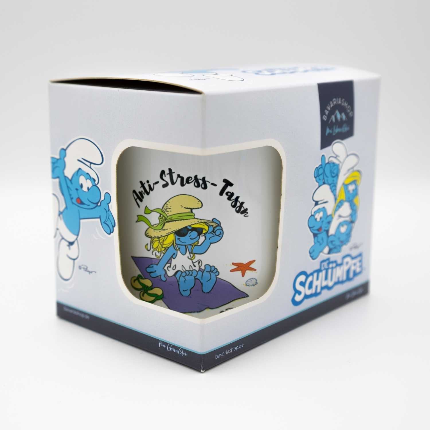 ®Die Schlümpfe Tasse Anti Stress Damen in Geschenkbox mit Schlumpfine am Strand Motiv
