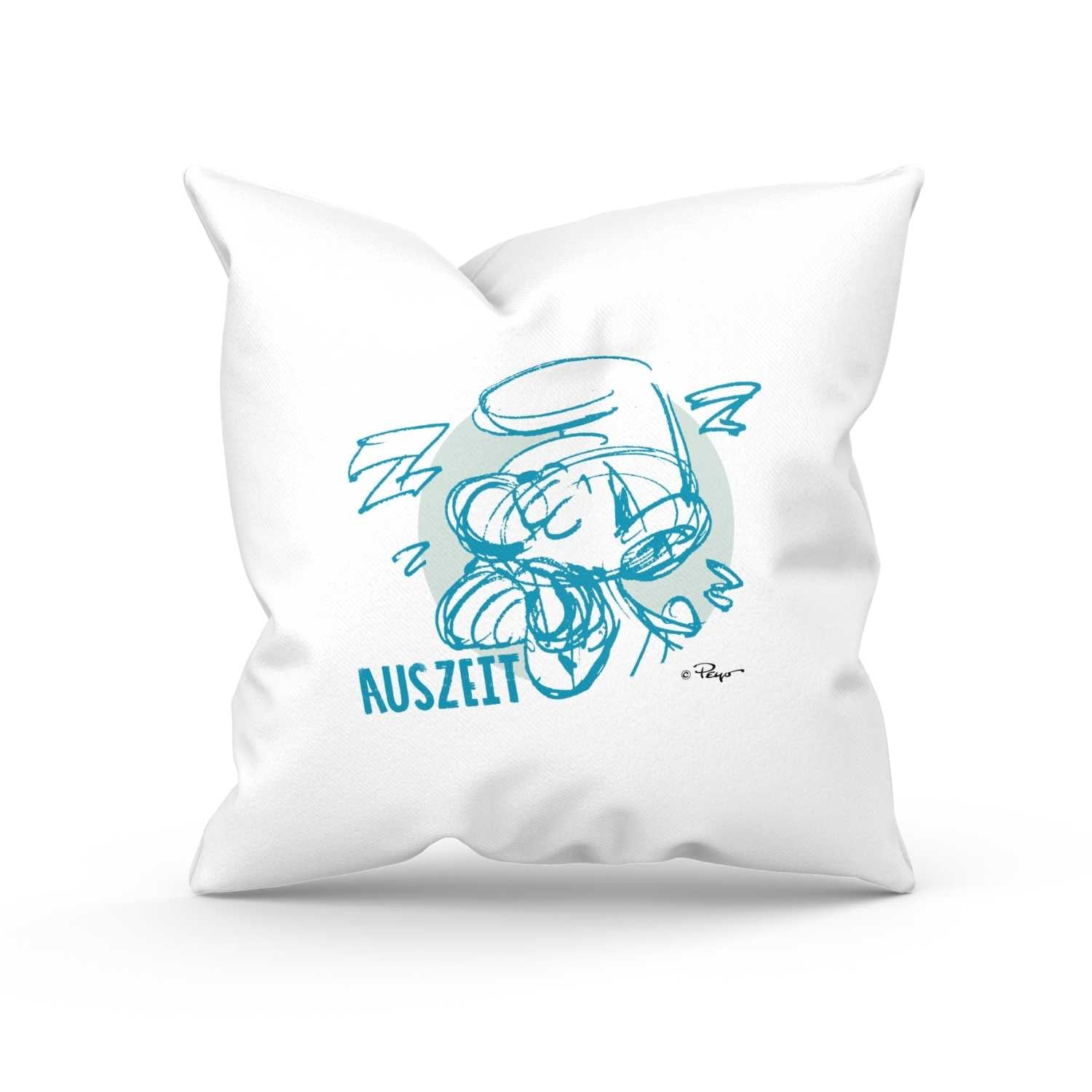 Schlümpfe Auszeit Kuschelkissen, weiß mit schlafendem Schlumpf und "Auszeit" Schriftzug in Blau.