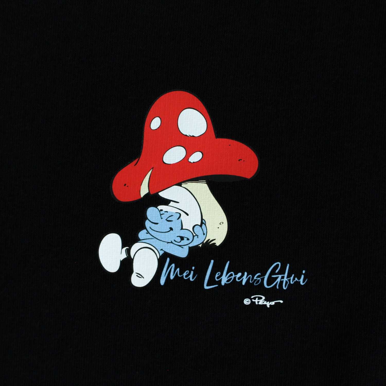 Schlumpf mit rotem Pilzhut und bayerischem Spruch "Mei Lebens Gfui" auf schwarzem Damen Hoodie.