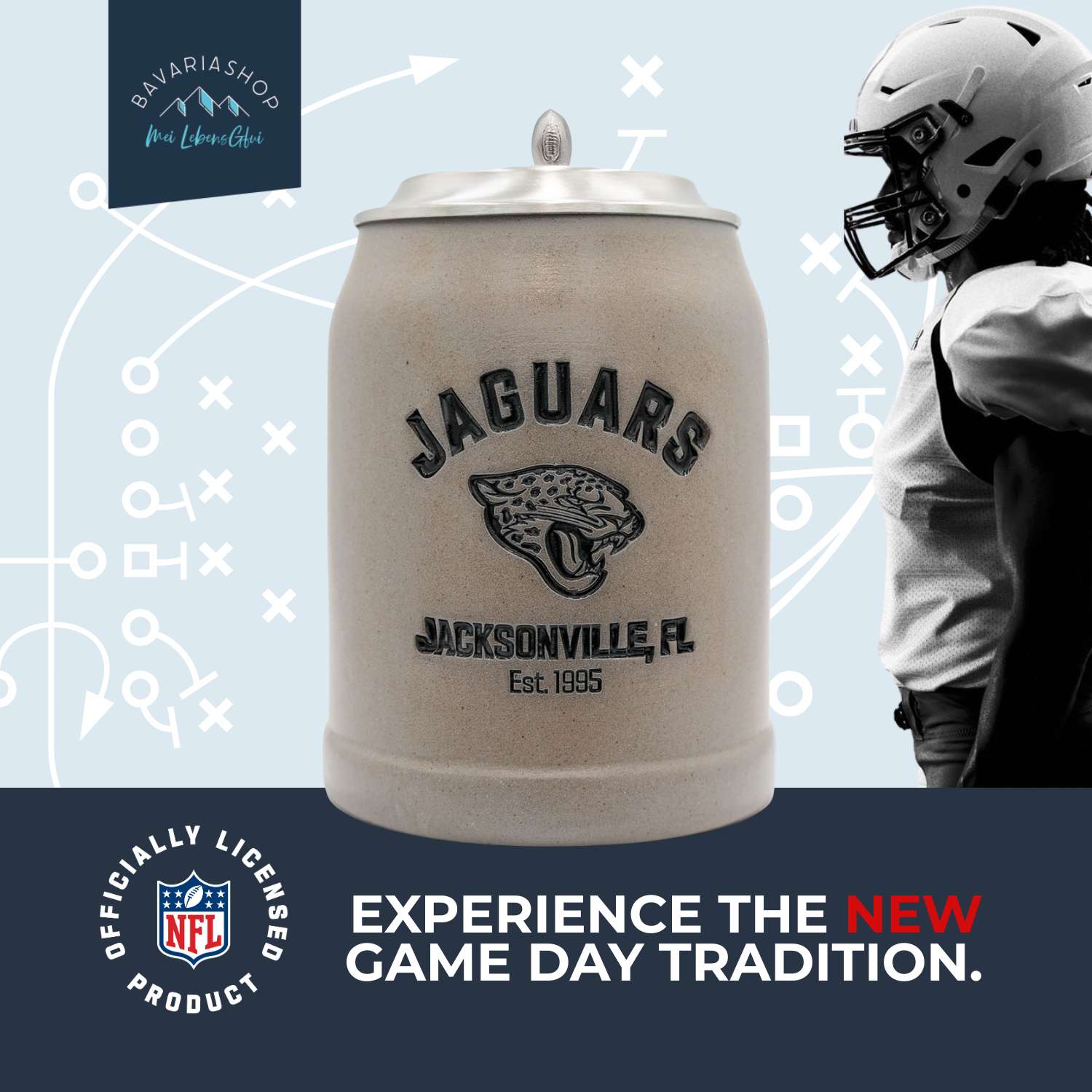NFL PREMIUM Teamkrug Jacksonville Jaguars aus Stein mit Zinn-Deckel, Logo und Footballspieler im Hintergrund.