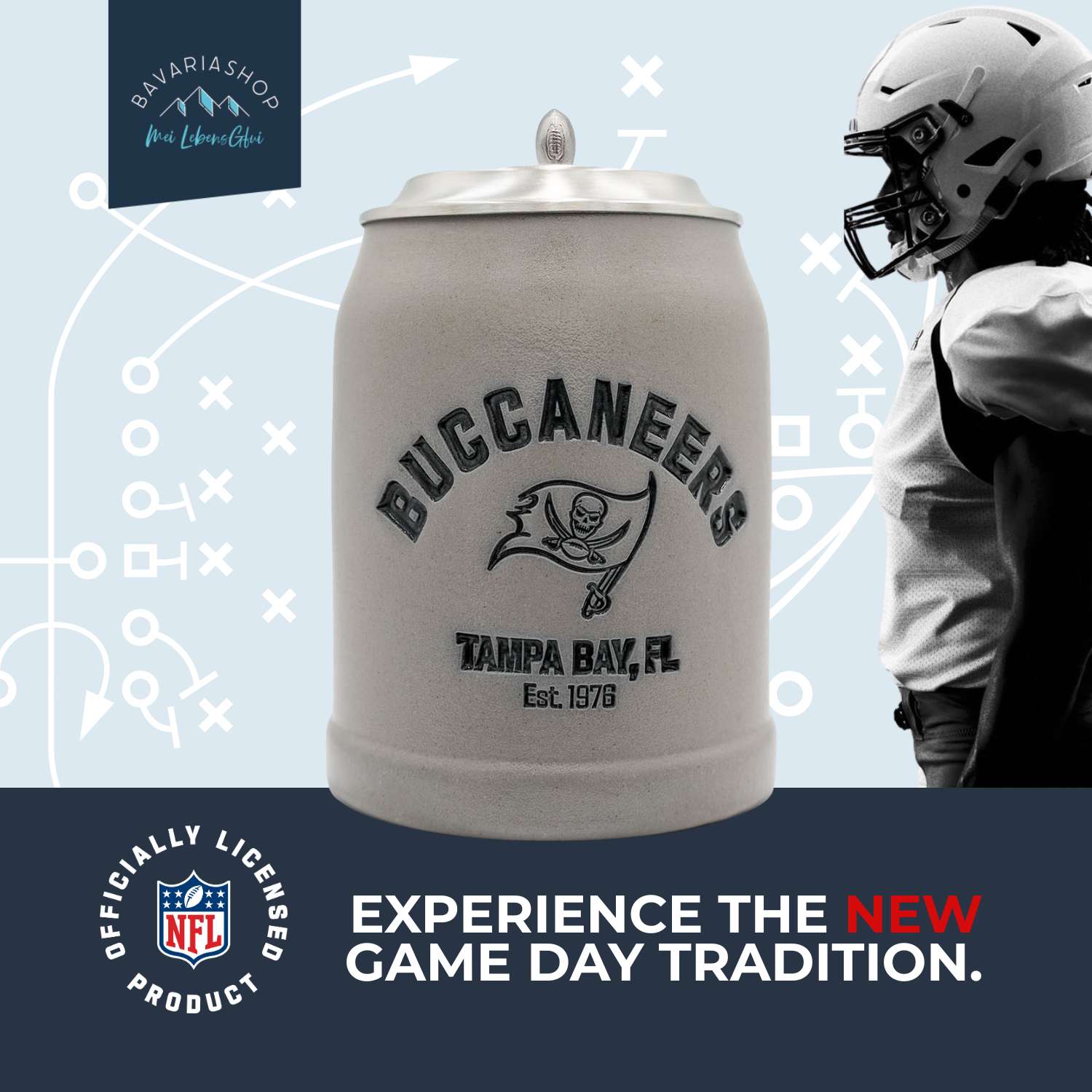 NFL PREMIUM Teamkrug Tampa Bay Buccaneers aus Keramik mit Zinndeckel und Logo im Vordergrund.