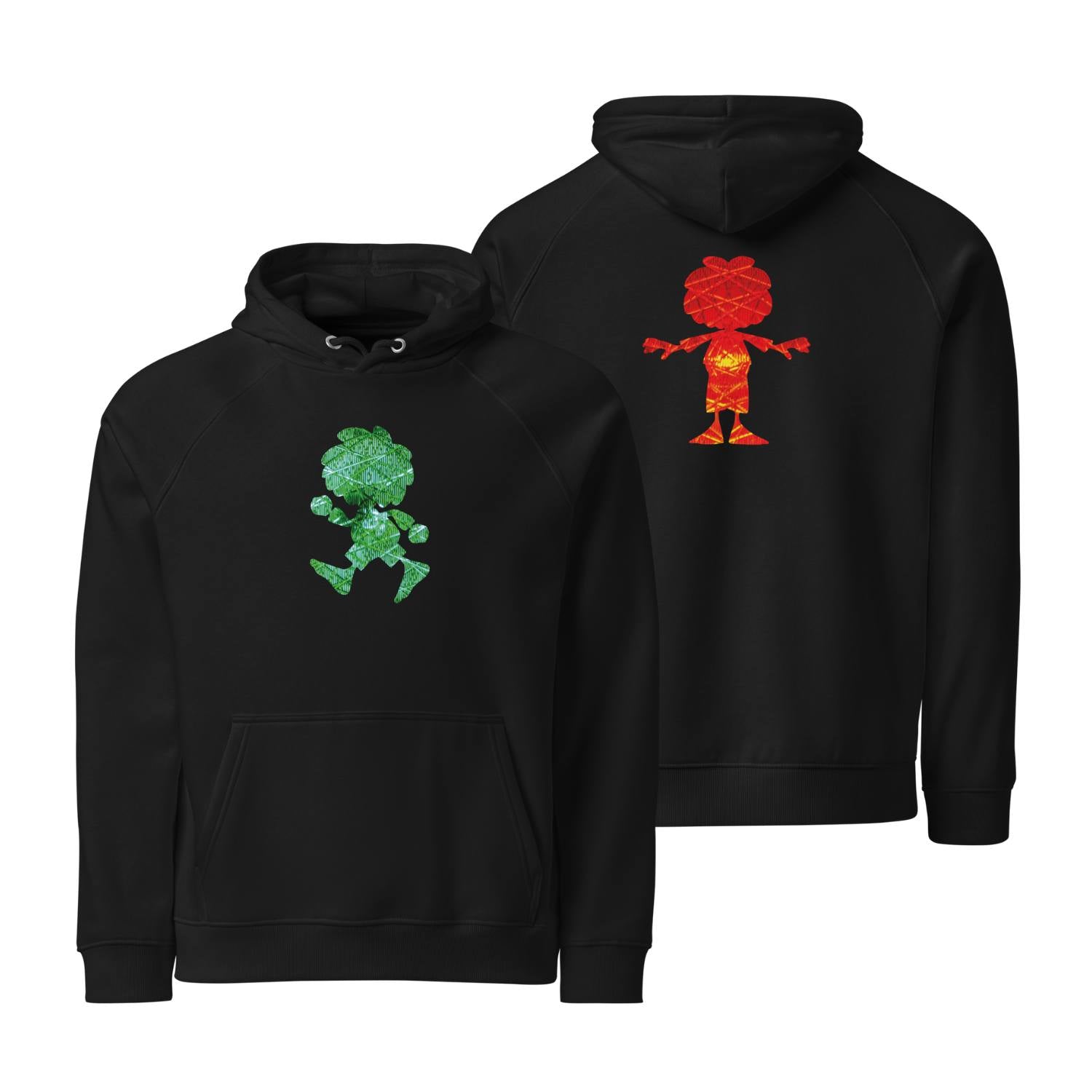 Schwarzer Pumuckl Herren Hoodie "Ampel-Edition" mit grünem Pumuckl-Motiv vorne und rotem Pumuckl hinten, Detailansicht.