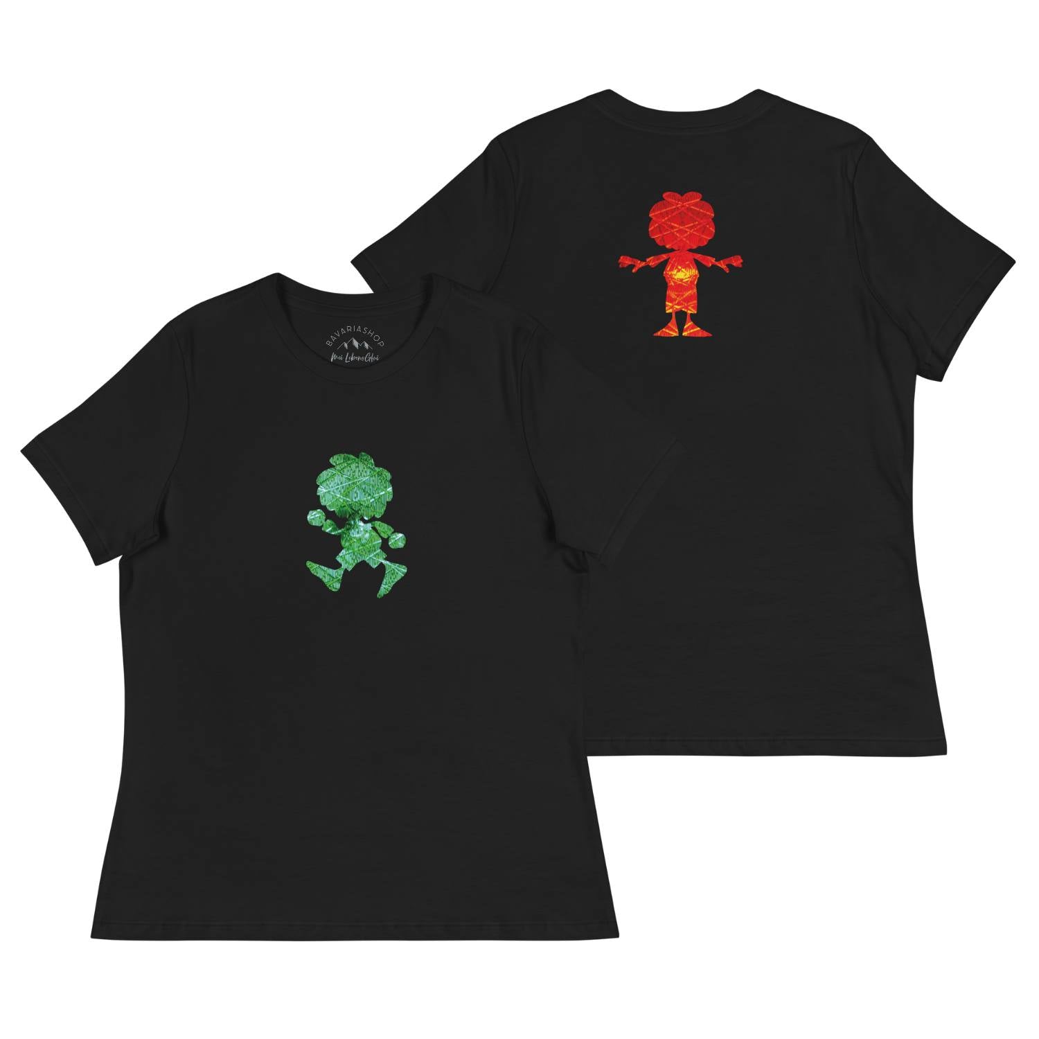 Schwarzes ®Pumuckl Damen T-Shirt Ampel-Edition, vorne mit grünem, hinten mit rotem Pumuckl-Motiv.