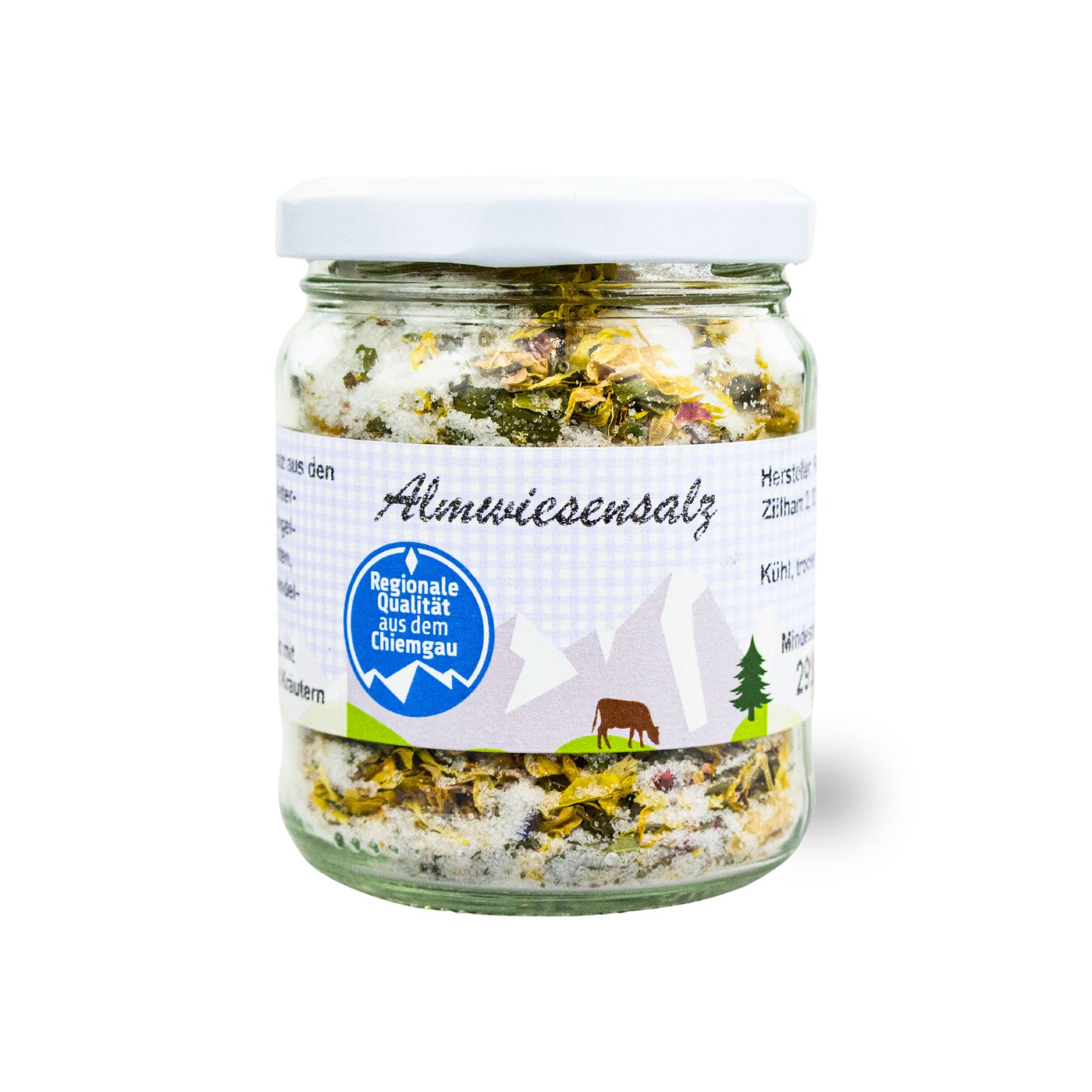 Almwiesen Salz mit Blüten in einem Glas, Regionalität aus dem Chiemgau.