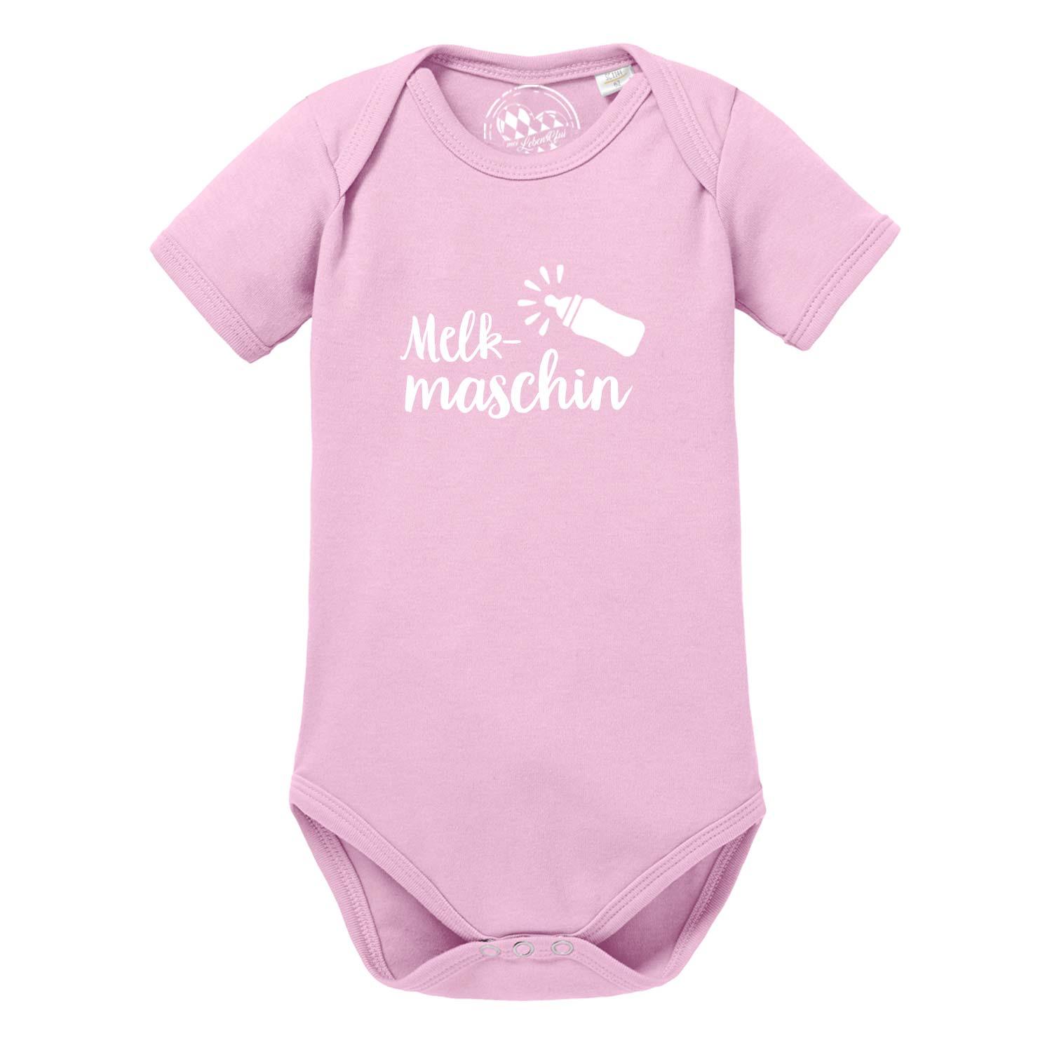 Rosafarbener Baby Body Melkmaschin mit weißem Druck einer Babyflasche, Kurzarm, aus Baumwolle.