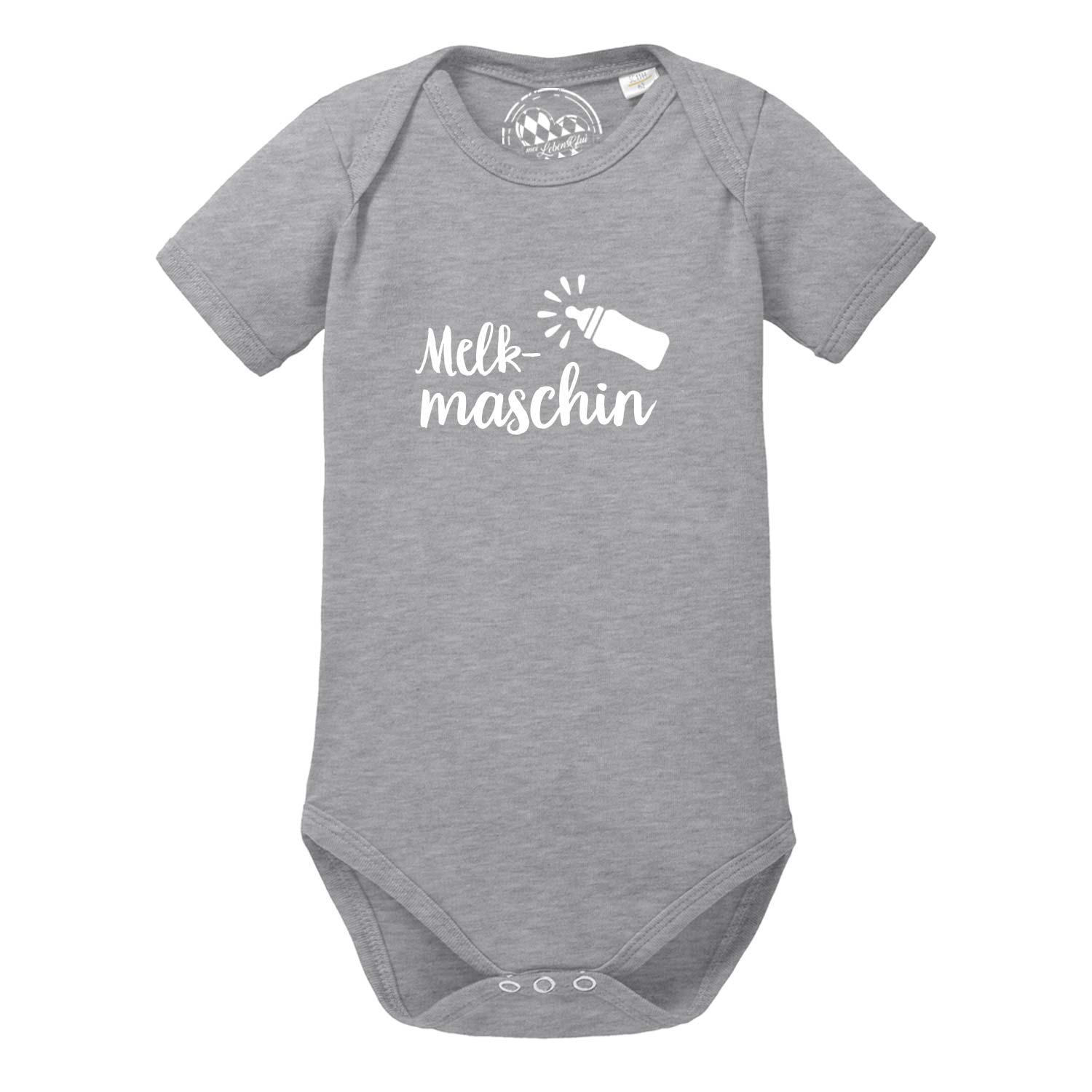 Grauer Baby Body mit kurzen Ärmeln und dem weißen Aufdruck Melkmaschin mit Babyflasche.