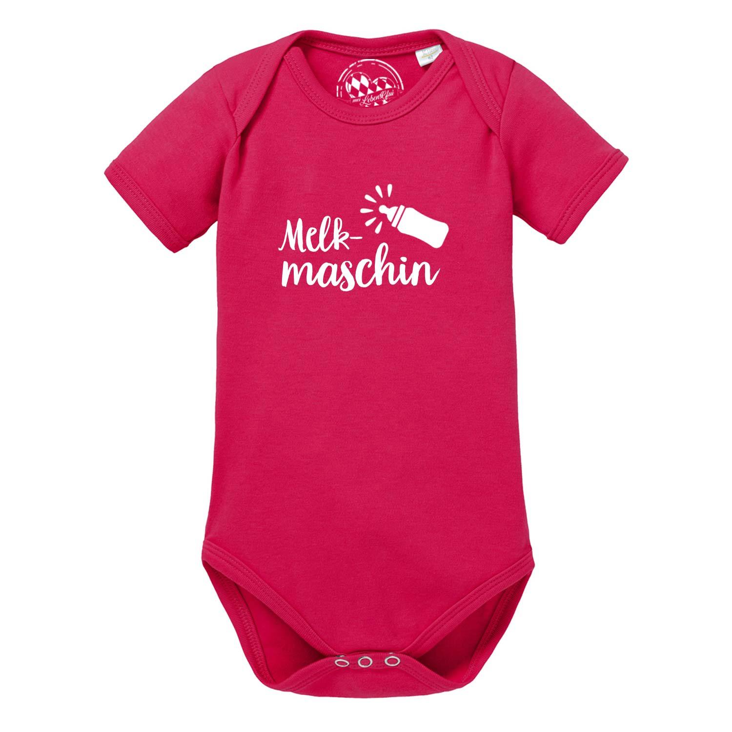 Pinker Baby Body Melkmaschin mit weißem Spruch und Babyflaschen-Motiv, kurzärmlig.