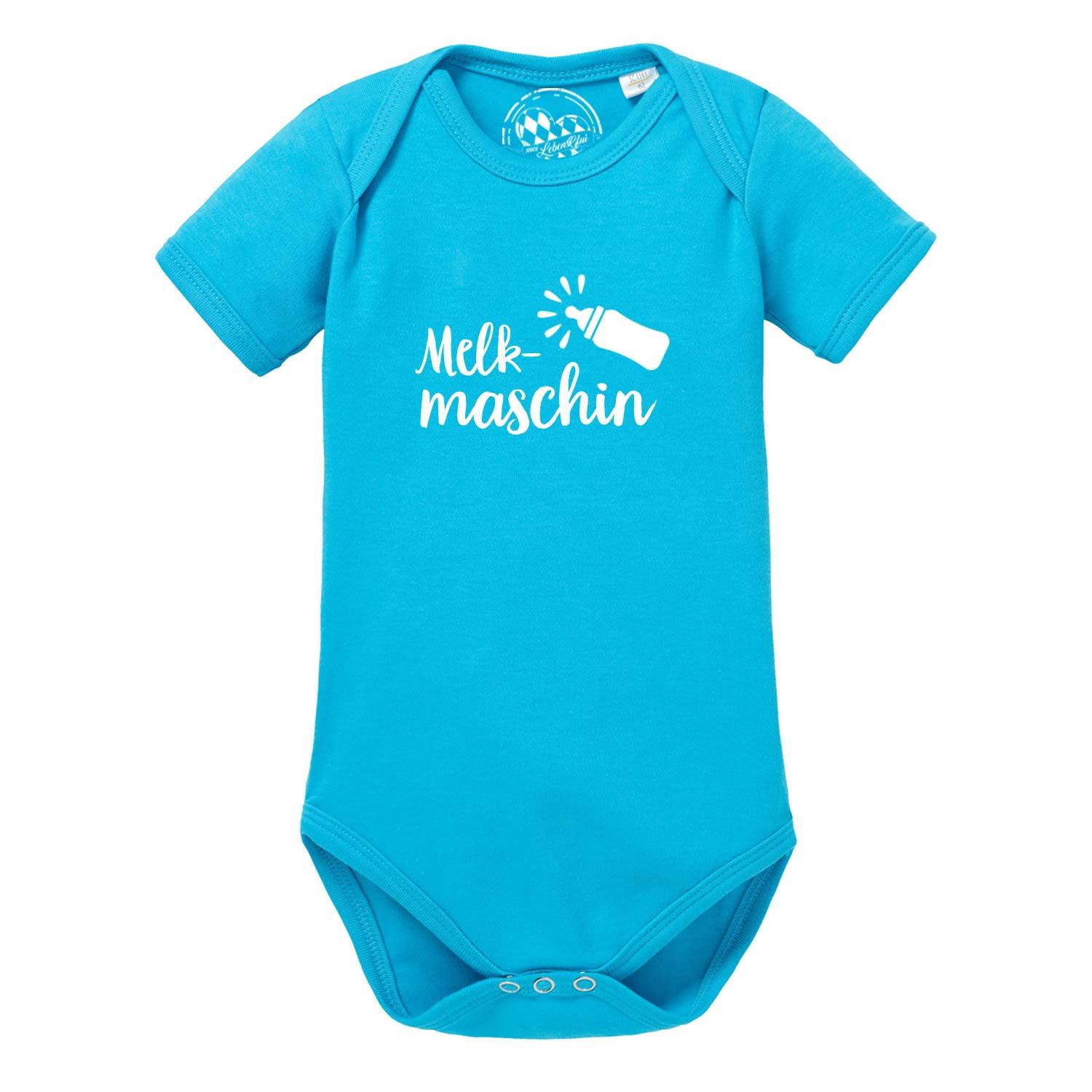 Blauer Baby Body Melkmaschin aus Baumwolle mit weißem Spruch und Babyflaschen-Motiv.