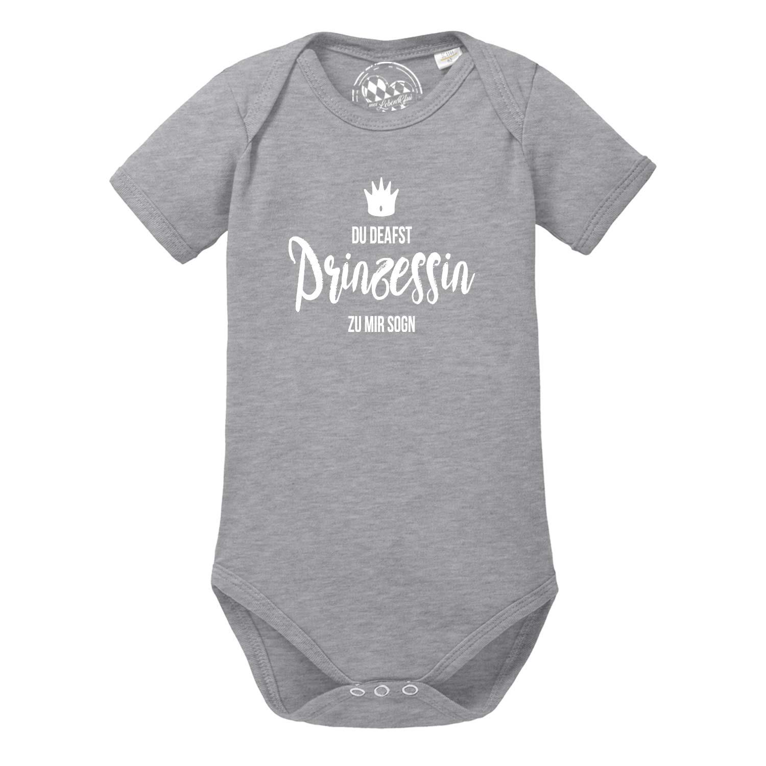 Grauer Baby Body Prinzessin mit Kurzarm und weißem Schriftzug "DU DEAFST Prinzessin ZU MIR SOGN".