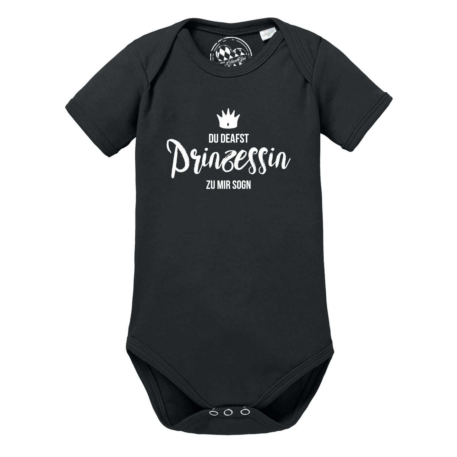 Schwarzer Baby Body Prinzessin mit weißem Aufdruck Krone und lustigem Spruch: Du deafst Prinzessin zu mir sogn