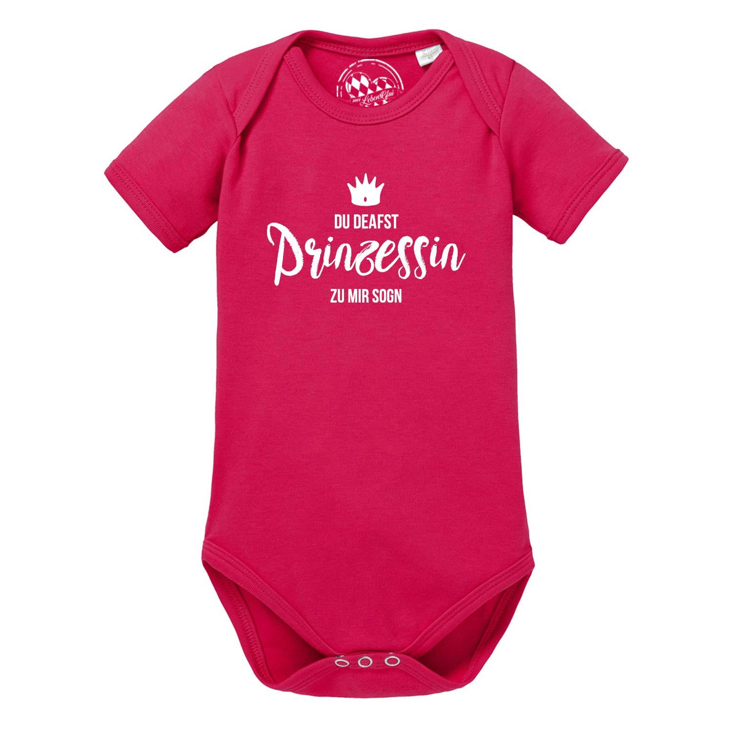 Pinker Baby Body Prinzessin mit weißem Aufdruck Krone und lustigem Spruch für Mädchen.