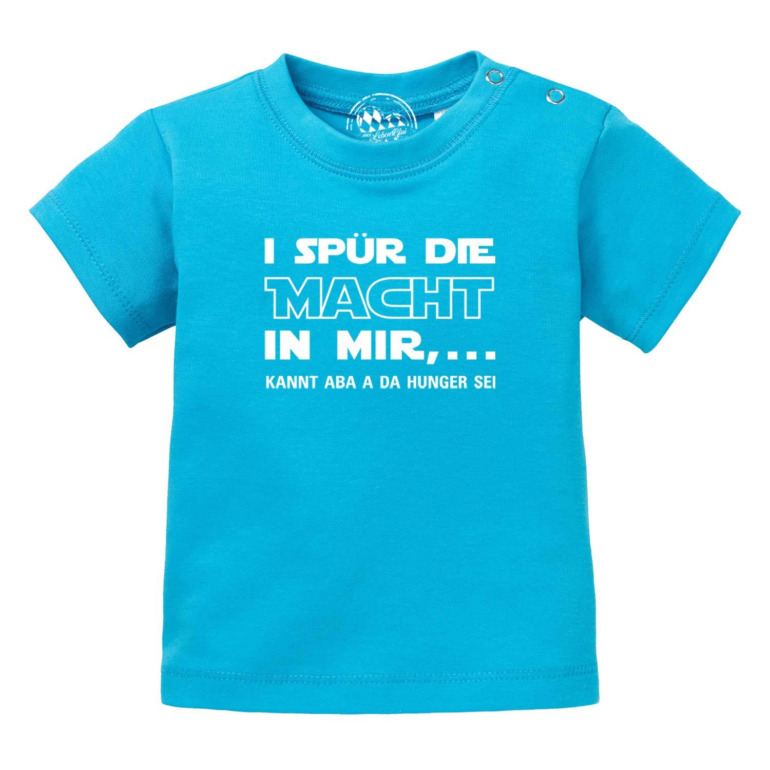 Türkisblaues Baby T-Shirt "I spür die Macht" mit lustigem Spruch und Druckknöpfen am Halsausschnitt.