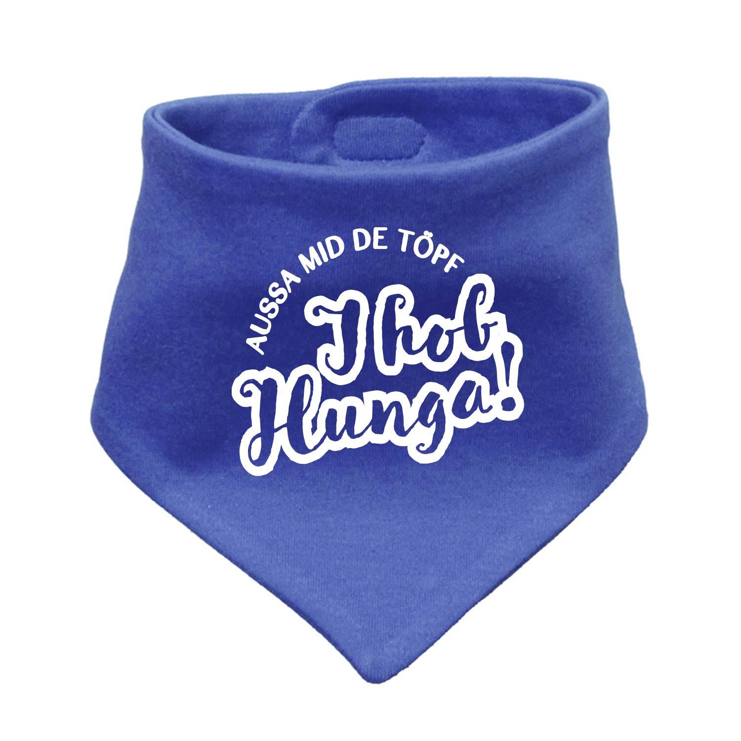 Blaues Babyhalstuch Aussa mid de Töpf mit weißem Spruch I hob Hunga und Dreieckstuch Design
