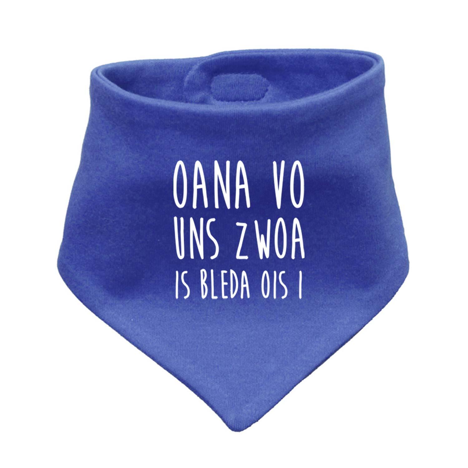 Blaues Babyhalstuch "Bleda ois i!" mit witzigem weißem Schriftzug für Babys und Kleinkinder