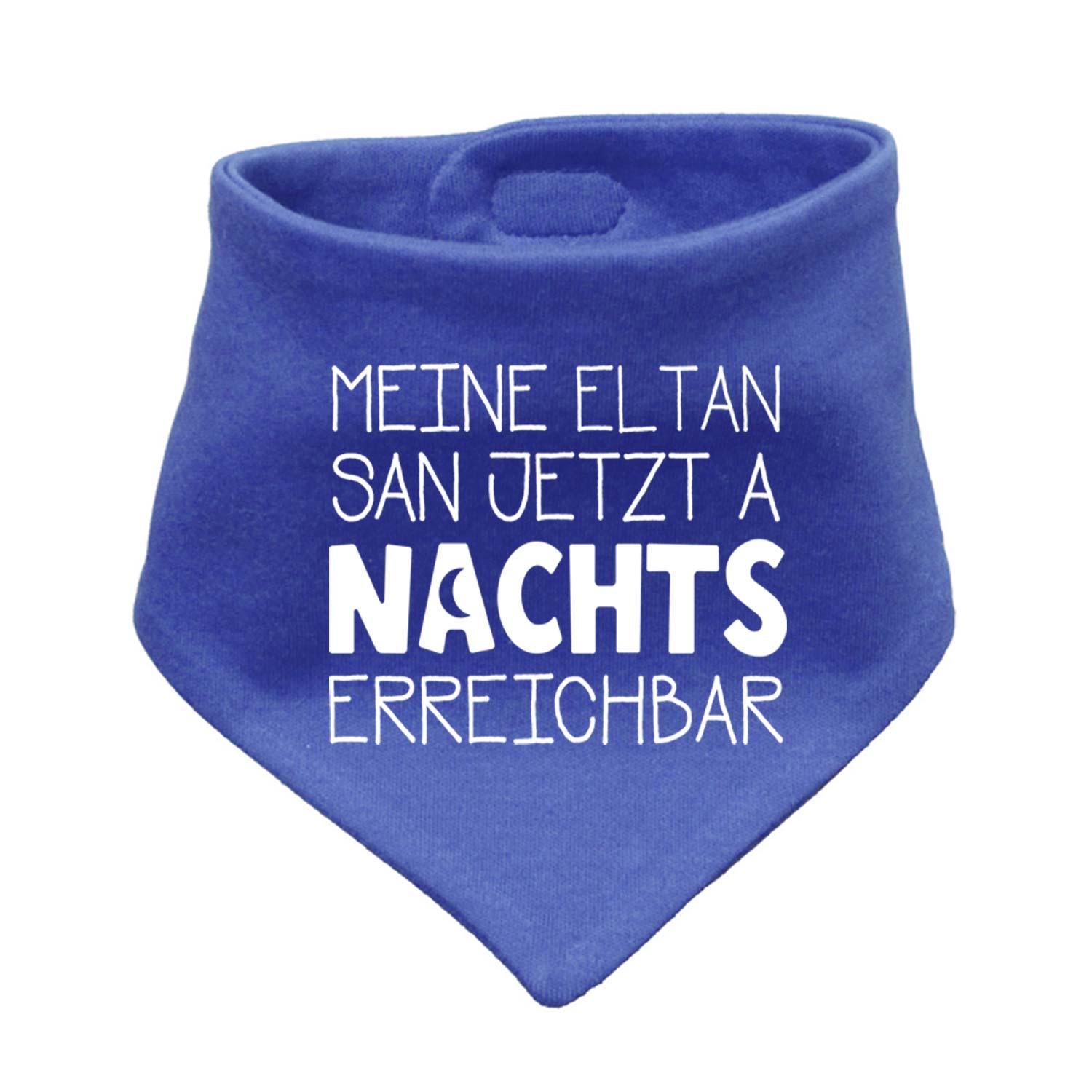 Blaues Babyhalstuch "Nachts erreichbar!" mit weißem Spruch für Eltern, weiche Baumwolle.