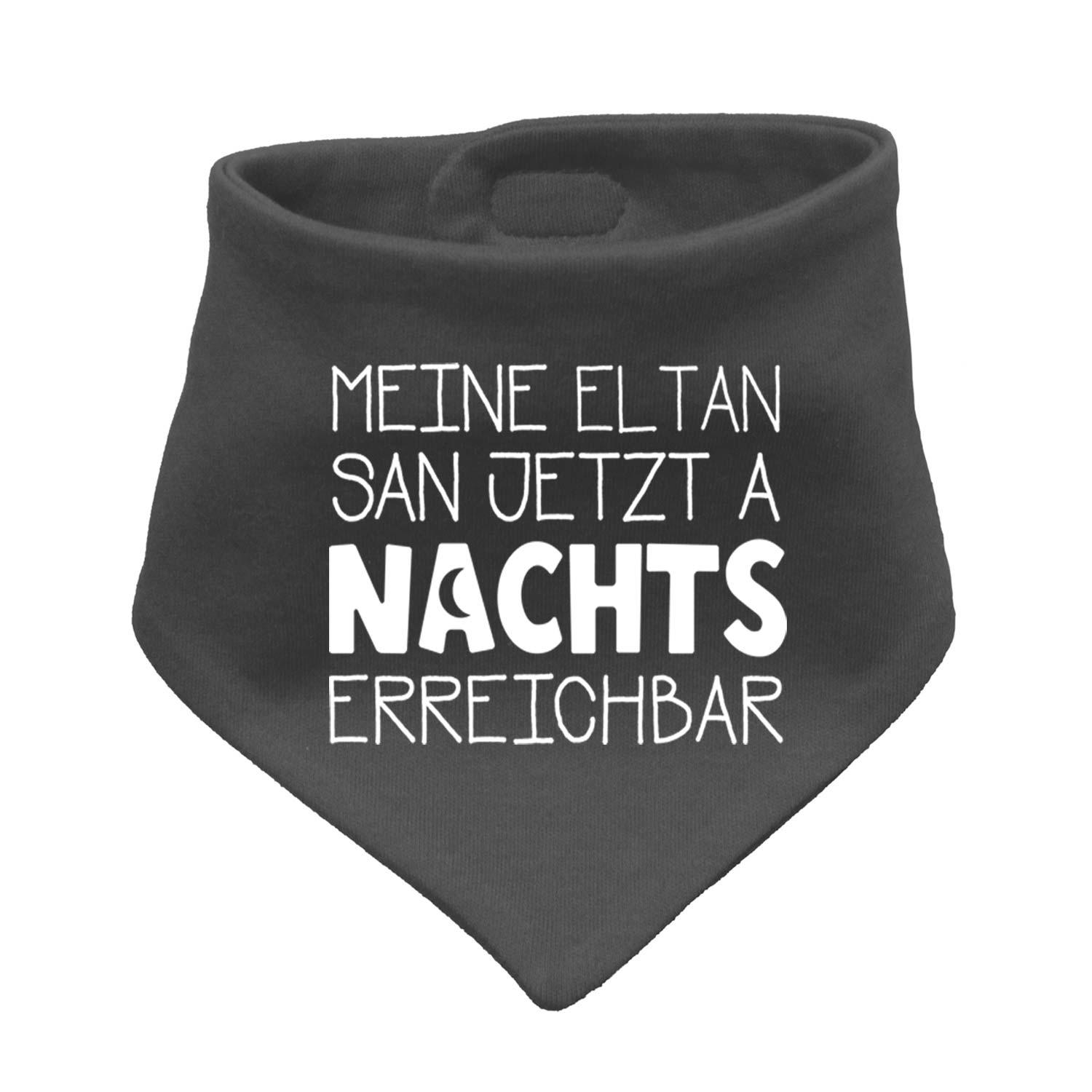 Babyhalstuch "Nachts erreichbar!" in Schwarz mit witzigem weißem Spruch für Babys und Kleinkinder.