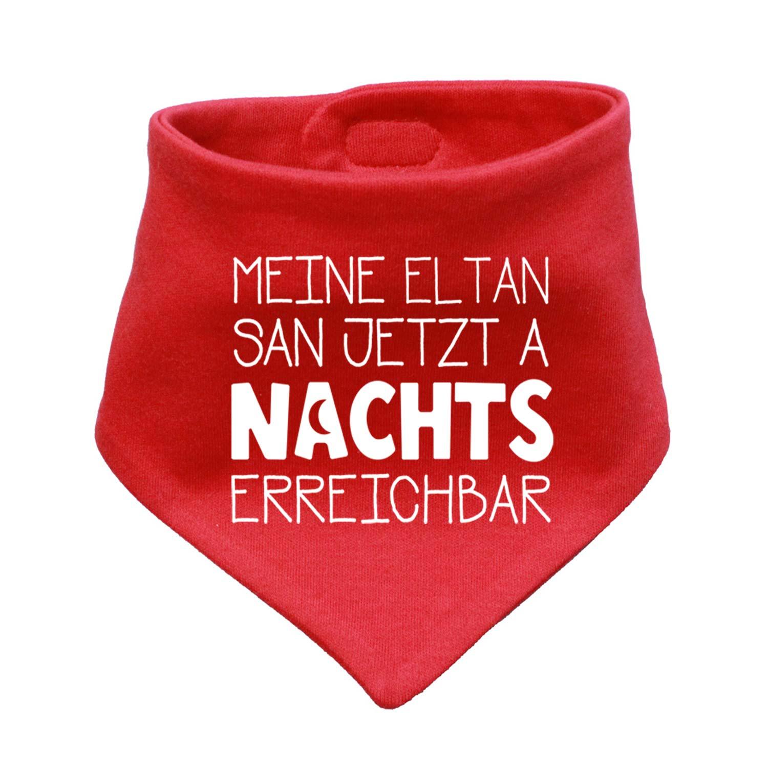 Rotes Babyhalstuch "Nachts erreichbar" aus Baumwolle mit lustigem Aufdruck für Babys und Kleinkinder.