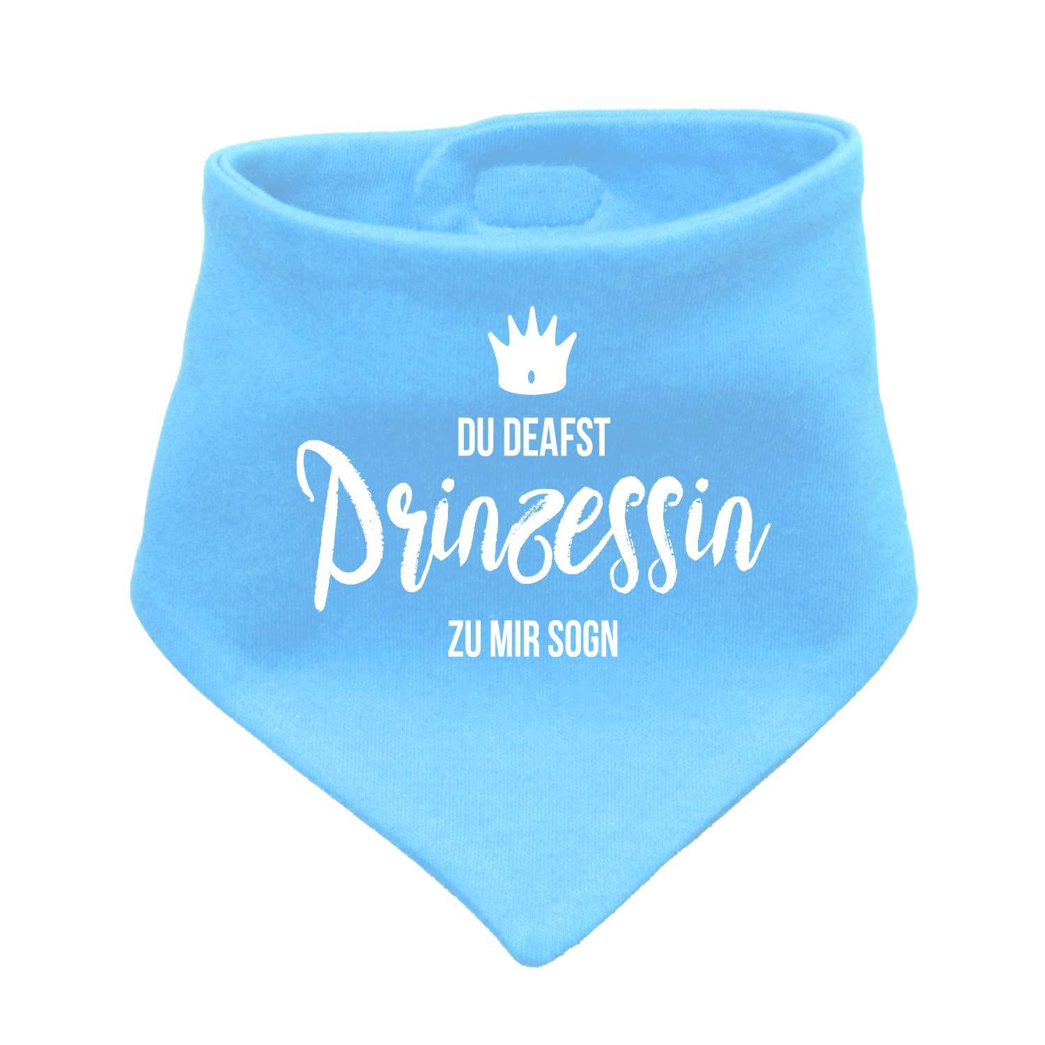 Helles Babyhalstuch "Prinzessin" in Blau mit weißem Prinzessinnen-Motiv und Schriftzug für Mädchen.