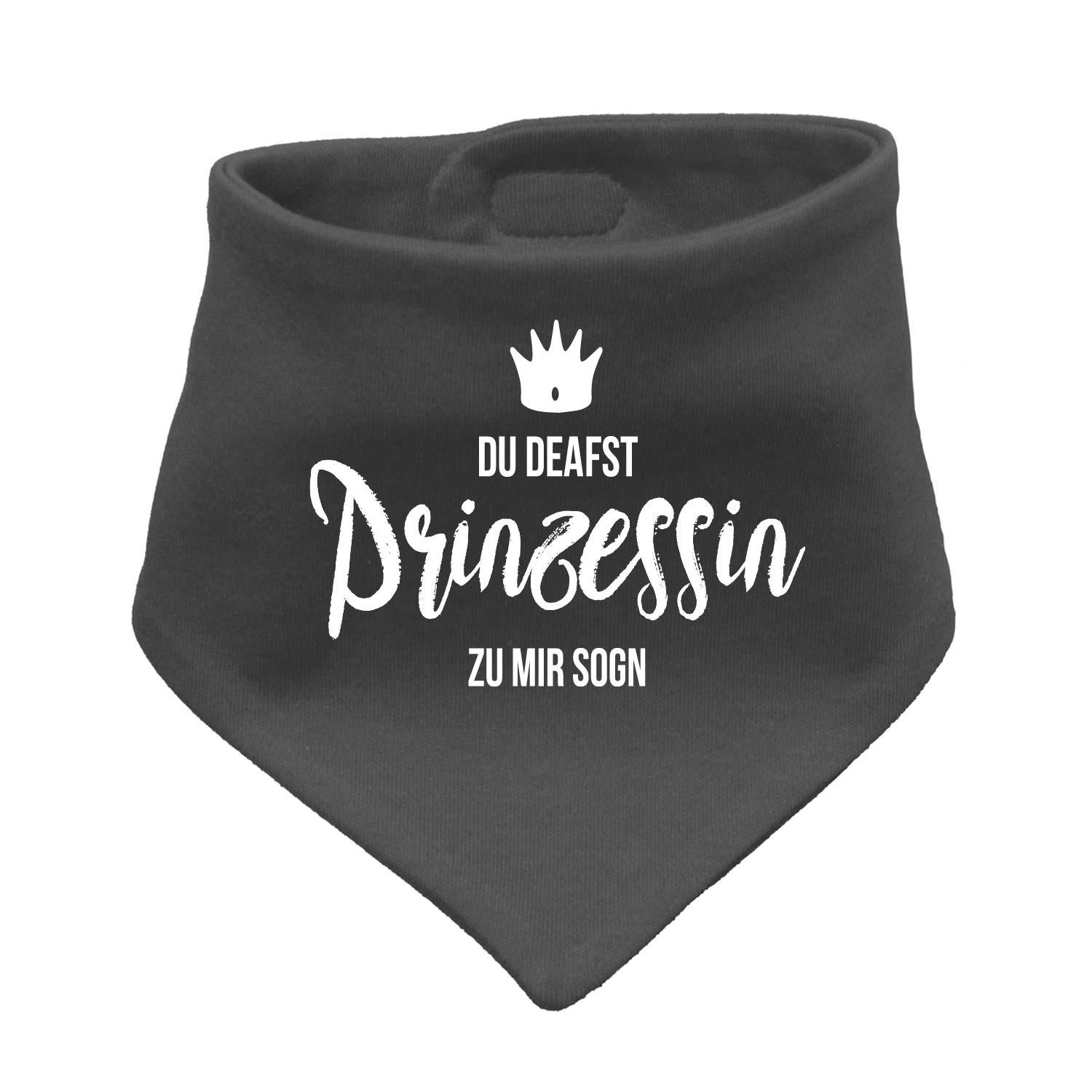 Dunkelgraues Babyhalstuch Prinzessin mit weißer Krone und Text "DU DEAFST Prinzessin ZU MIR SOGN".