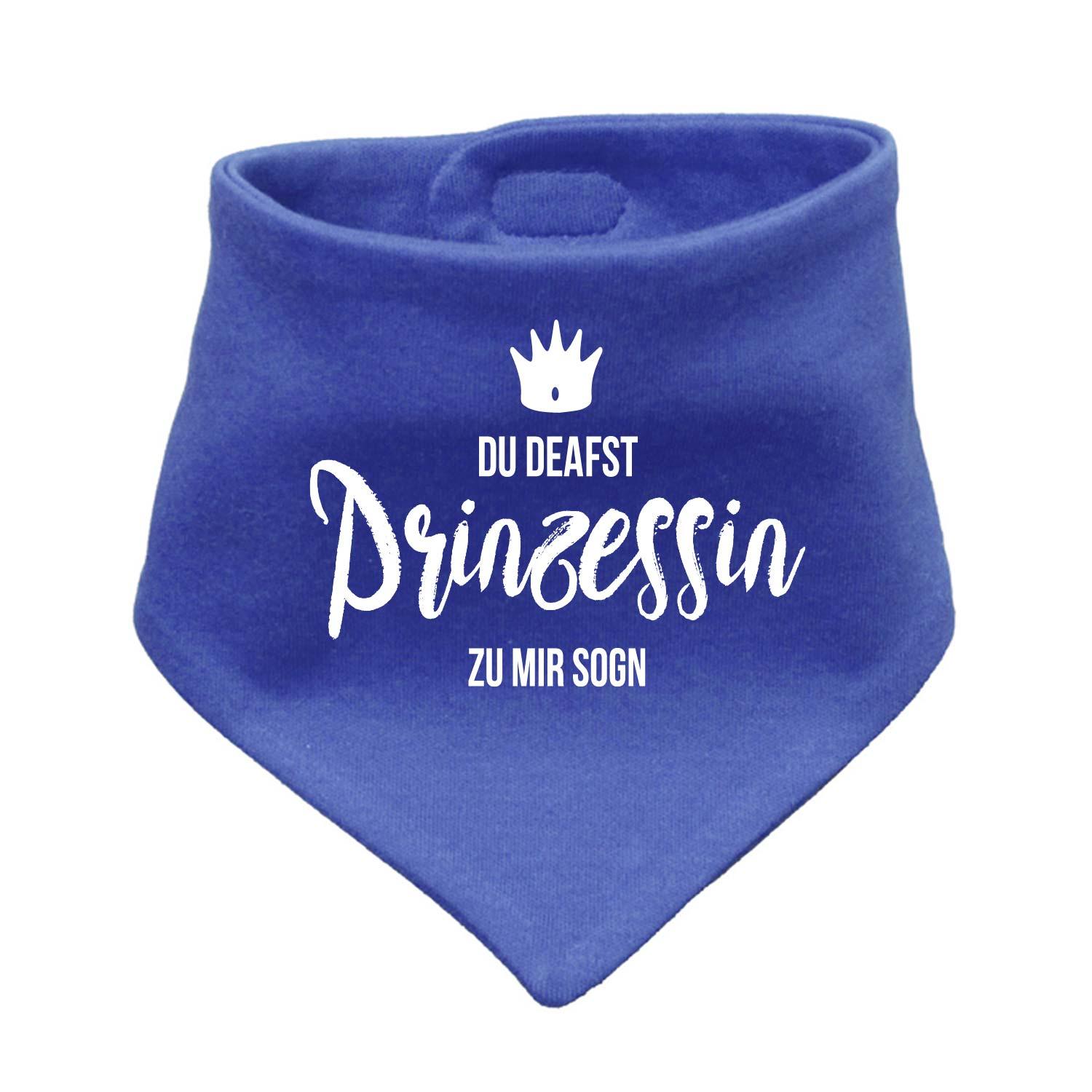 Dunkelblaues Babyhalstuch Prinzessin mit weißer Krone und Aufschrift Du deafst Prinzessin zu mir sogn für Babys.