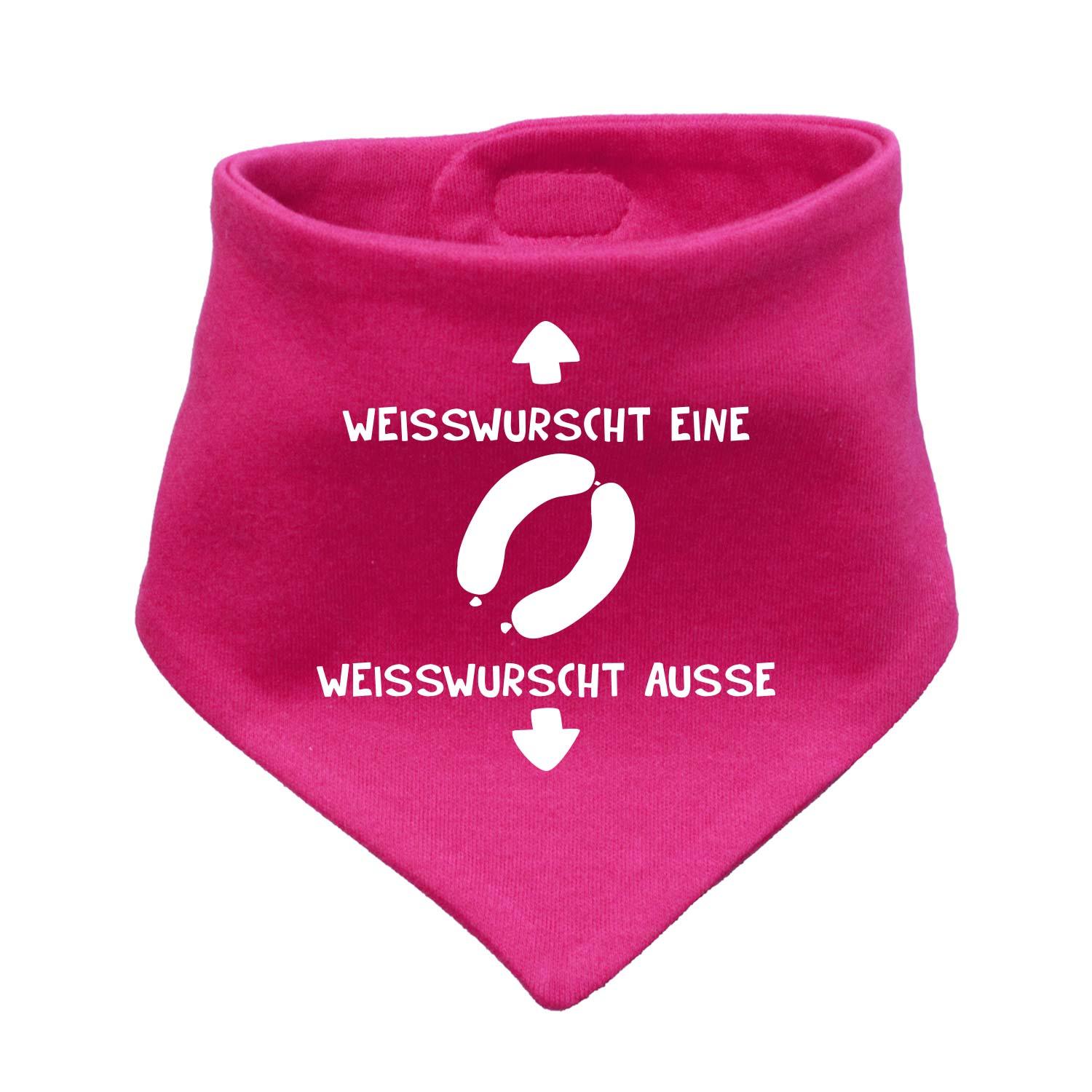 Babyhalstuch Weißwurscht in leuchtendem Pink mit lustigem Aufdruck Weißwurscht eine Weißwurscht ausse und Pfeilen.