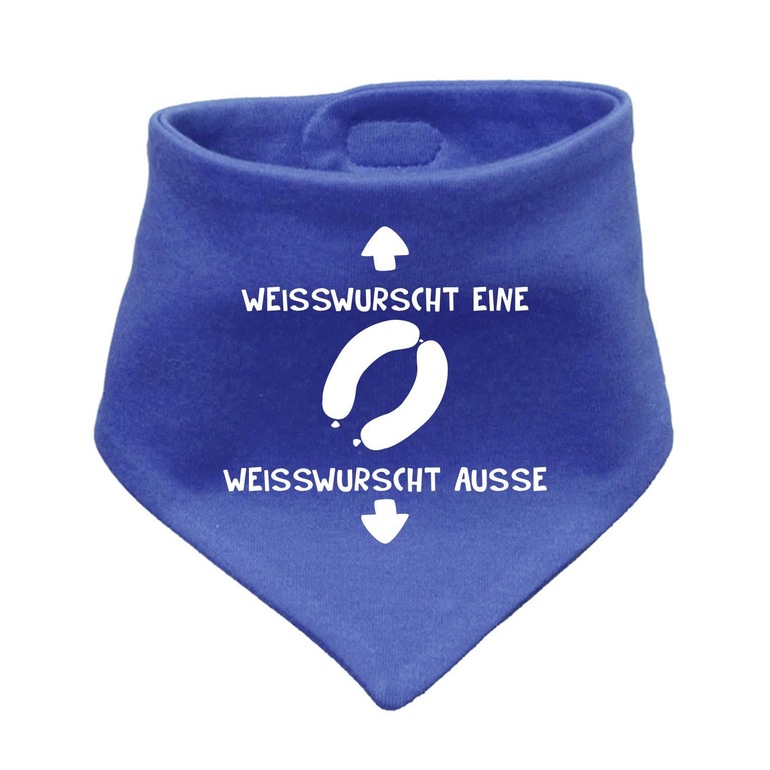 Babyhalstuch "Weißwurscht" in Blau mit lustigem Spruch und Würstchen-Grafik für kleine Kinder.