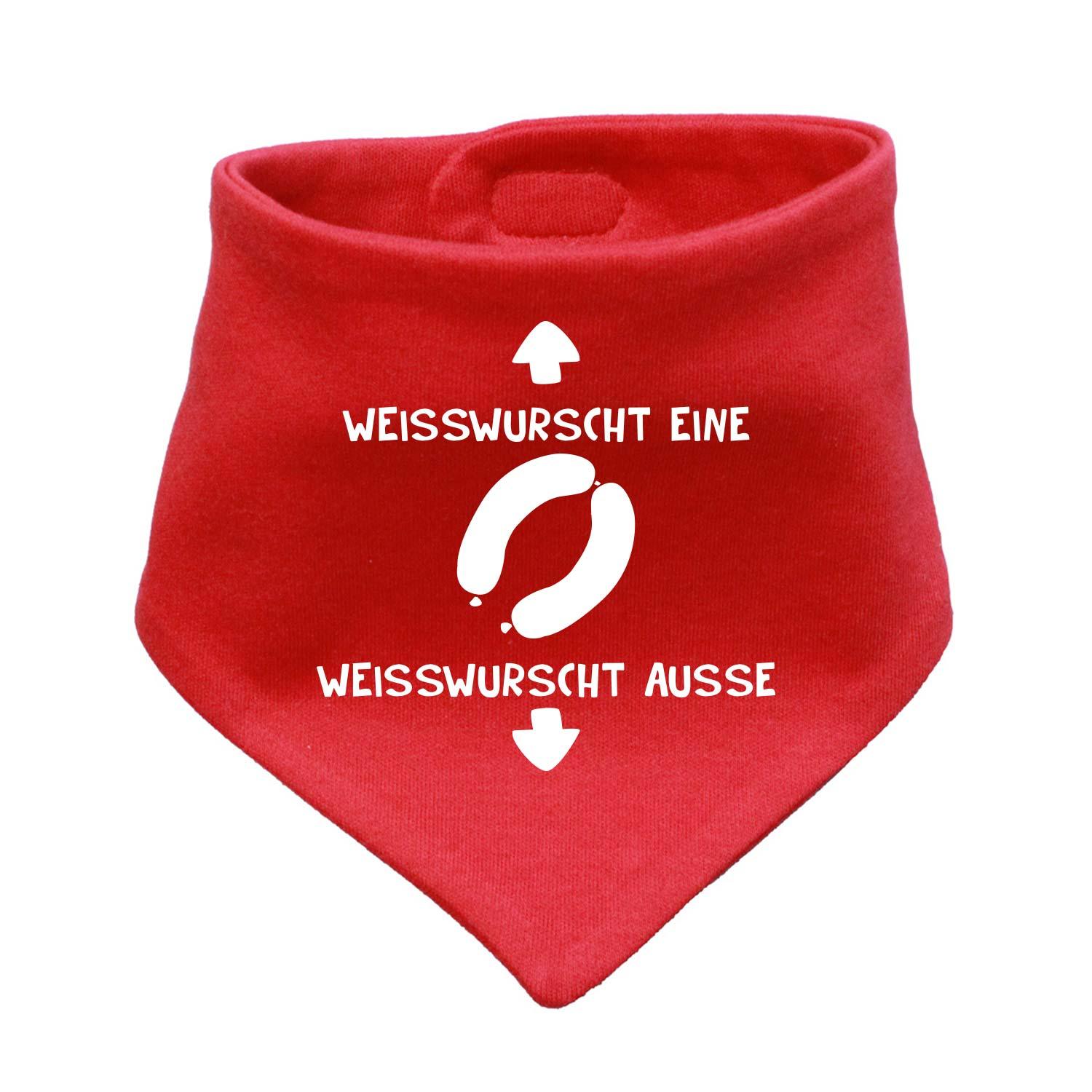 Rotes Babyhalstuch "Weisswurscht" mit lustigem Spruch und Weisswurst-Motiv, aus weicher Baumwolle.