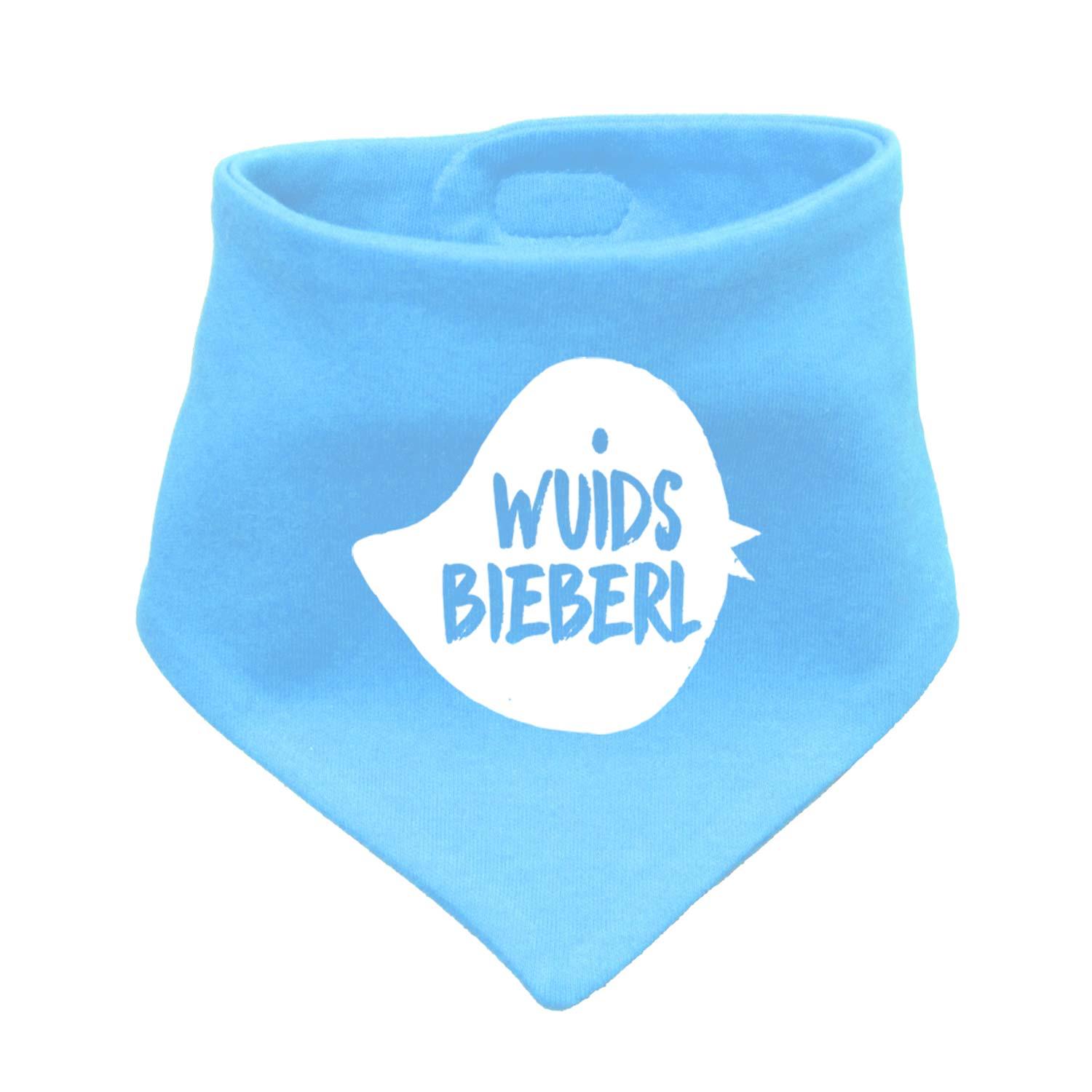 Helles Babyhalstuch "Wuids Bieberl" in Blau mit weißem Vogelmotiv und Schriftzug, aus weicher Baumwolle.