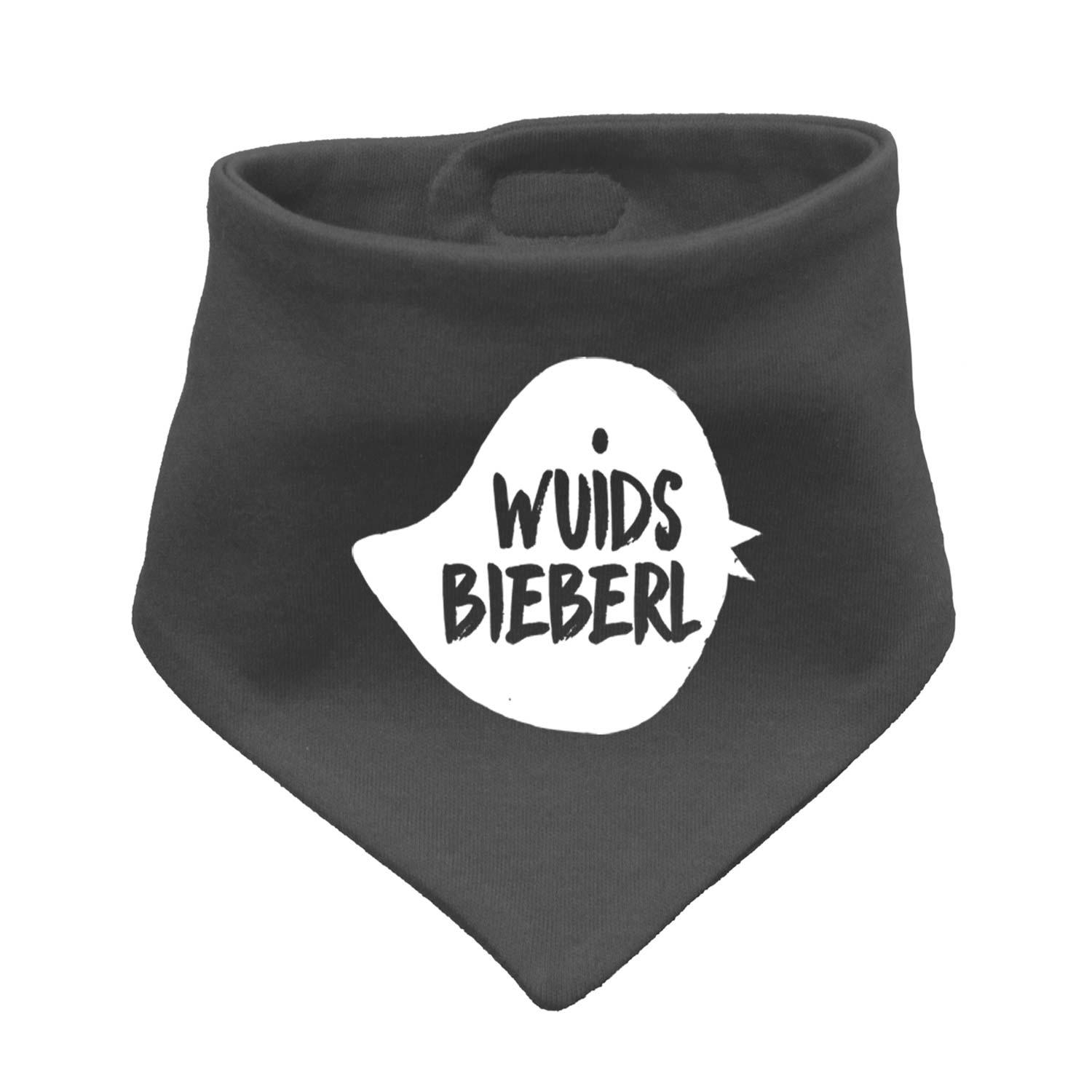 Babyhalstuch Wuids Bieberl in Dunkelgrau mit witzigem weißem Spruch-Print für Mädchen und Jungen.